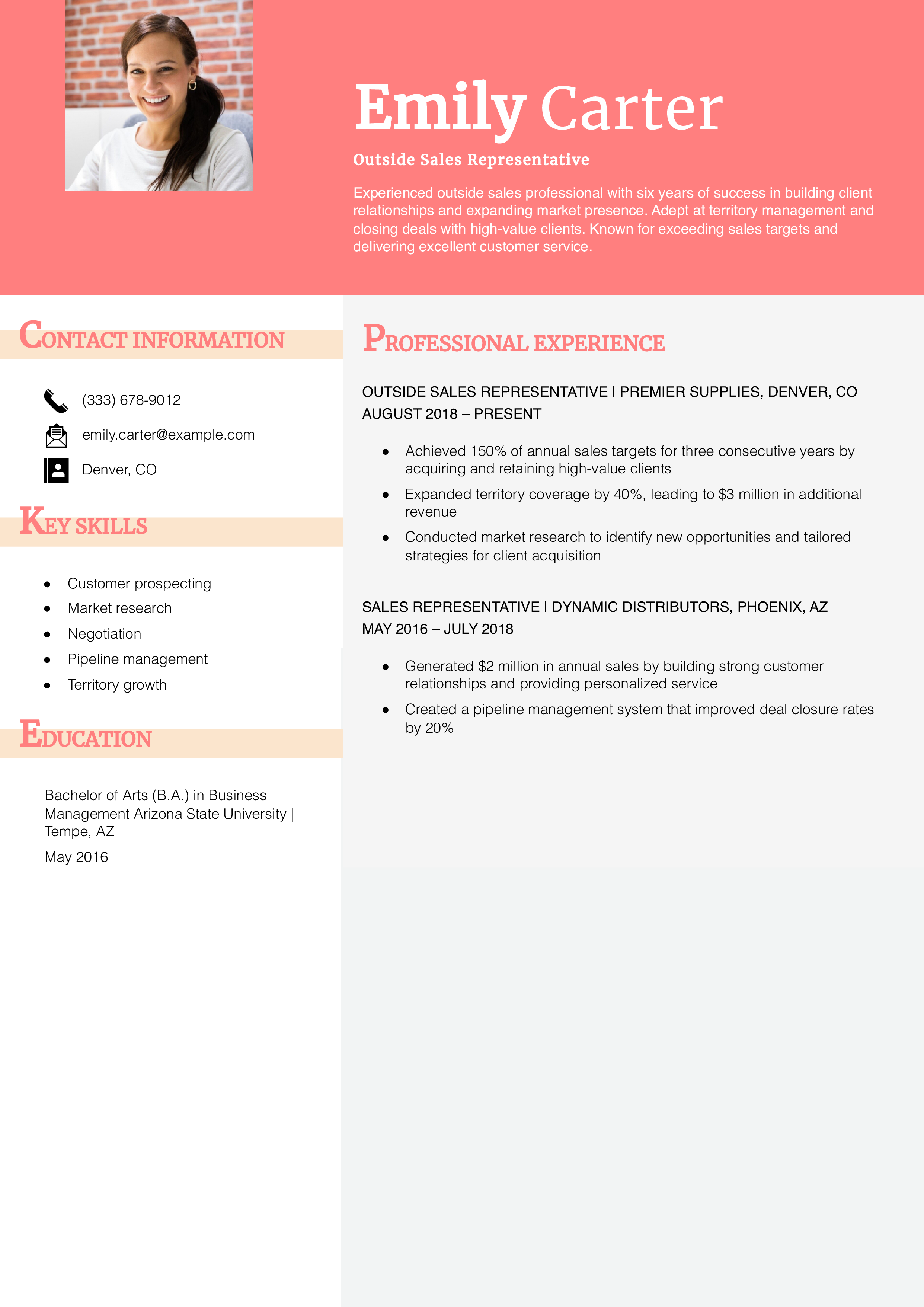 Outside Sales Resume Example