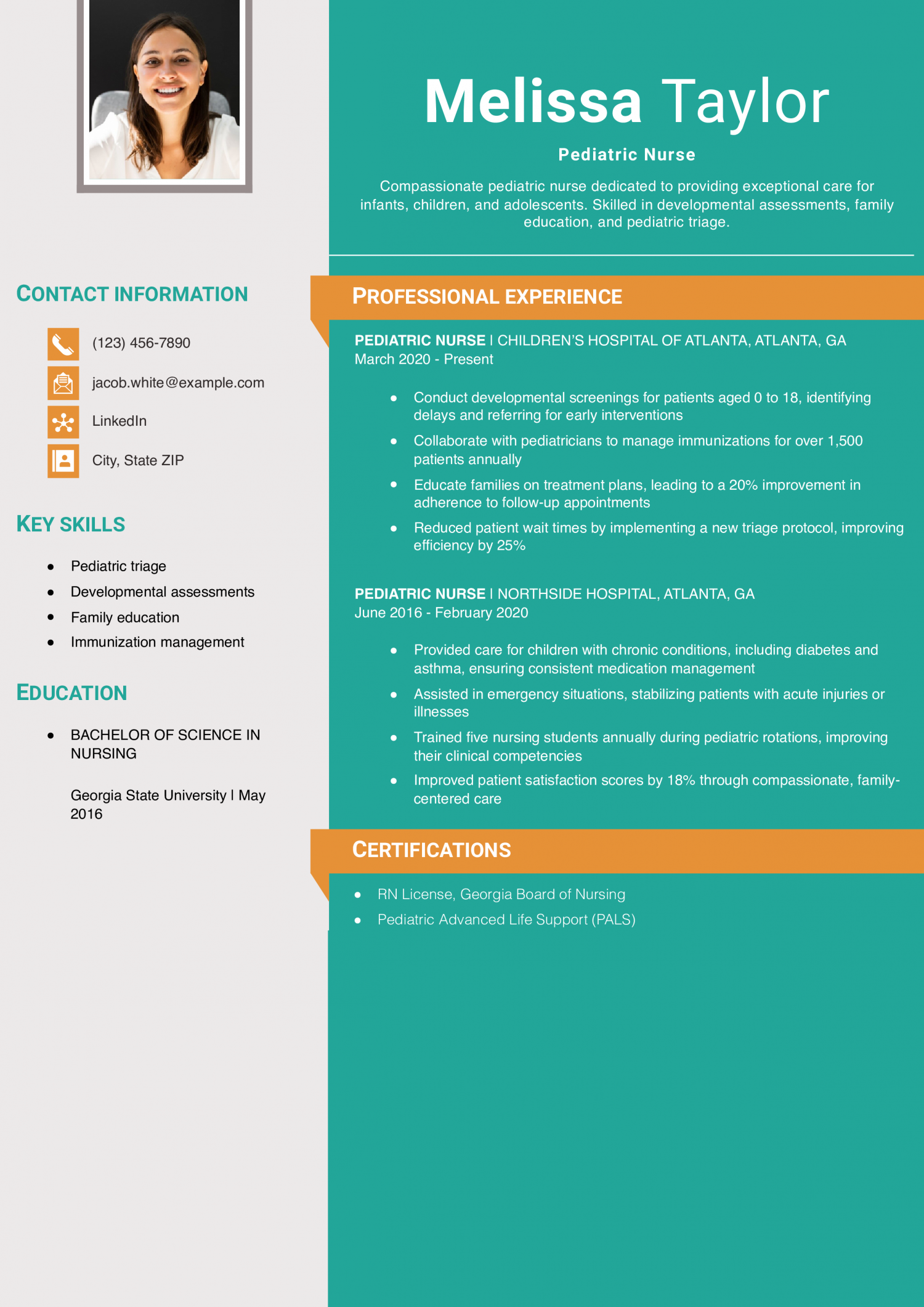 Pediatric Registered Nurse Resume Example