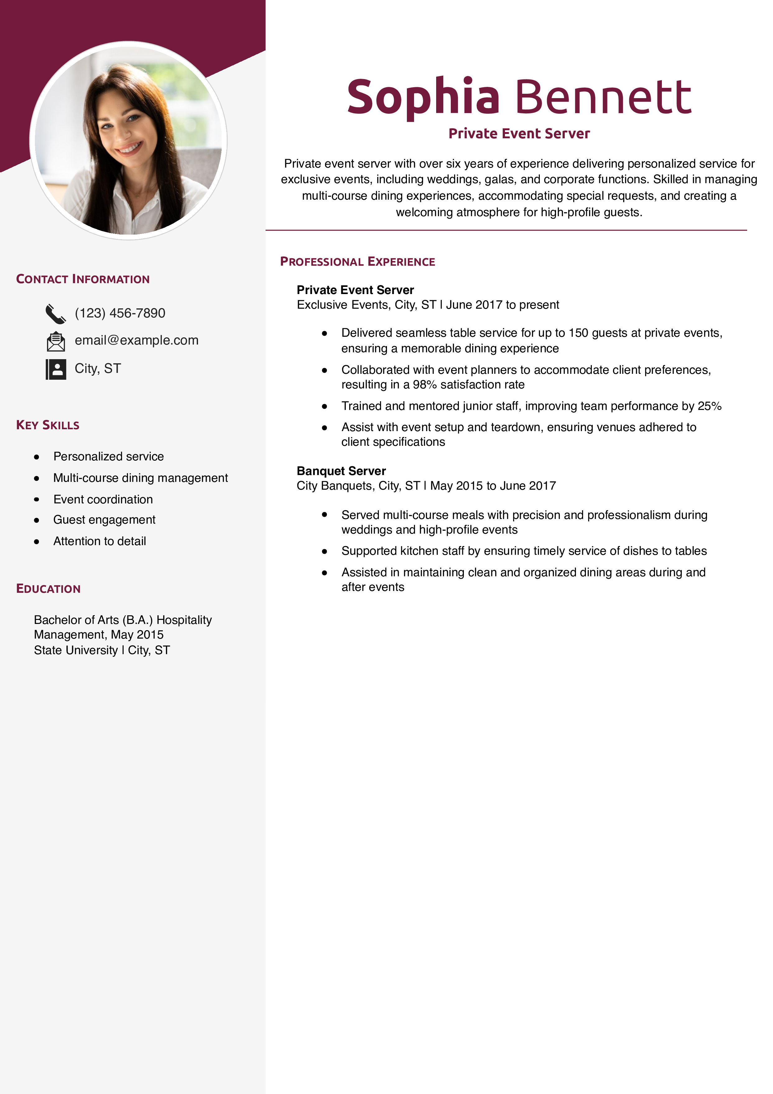 Private Event Server Resume Example