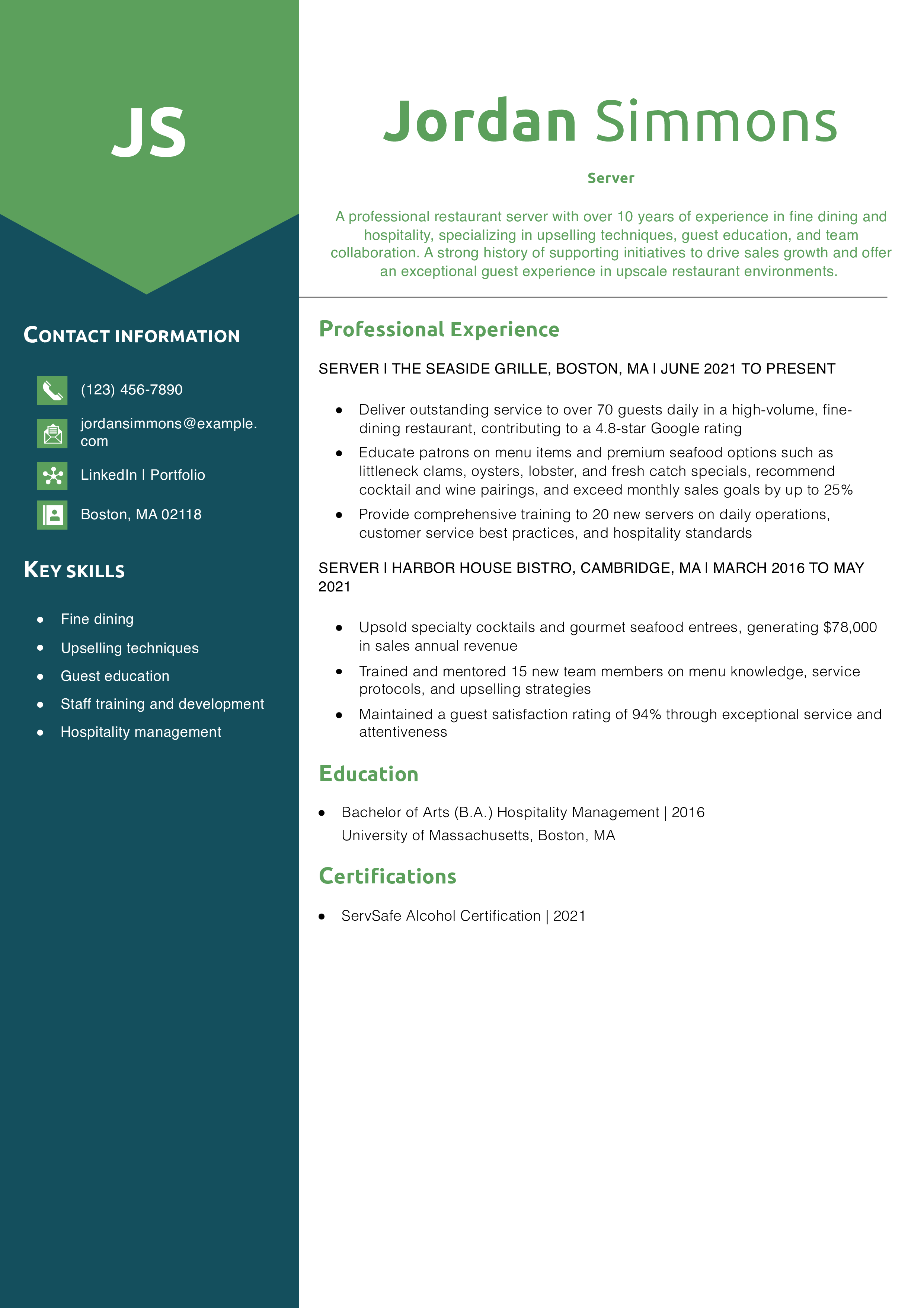 Professional Restaurant Server Resume Example