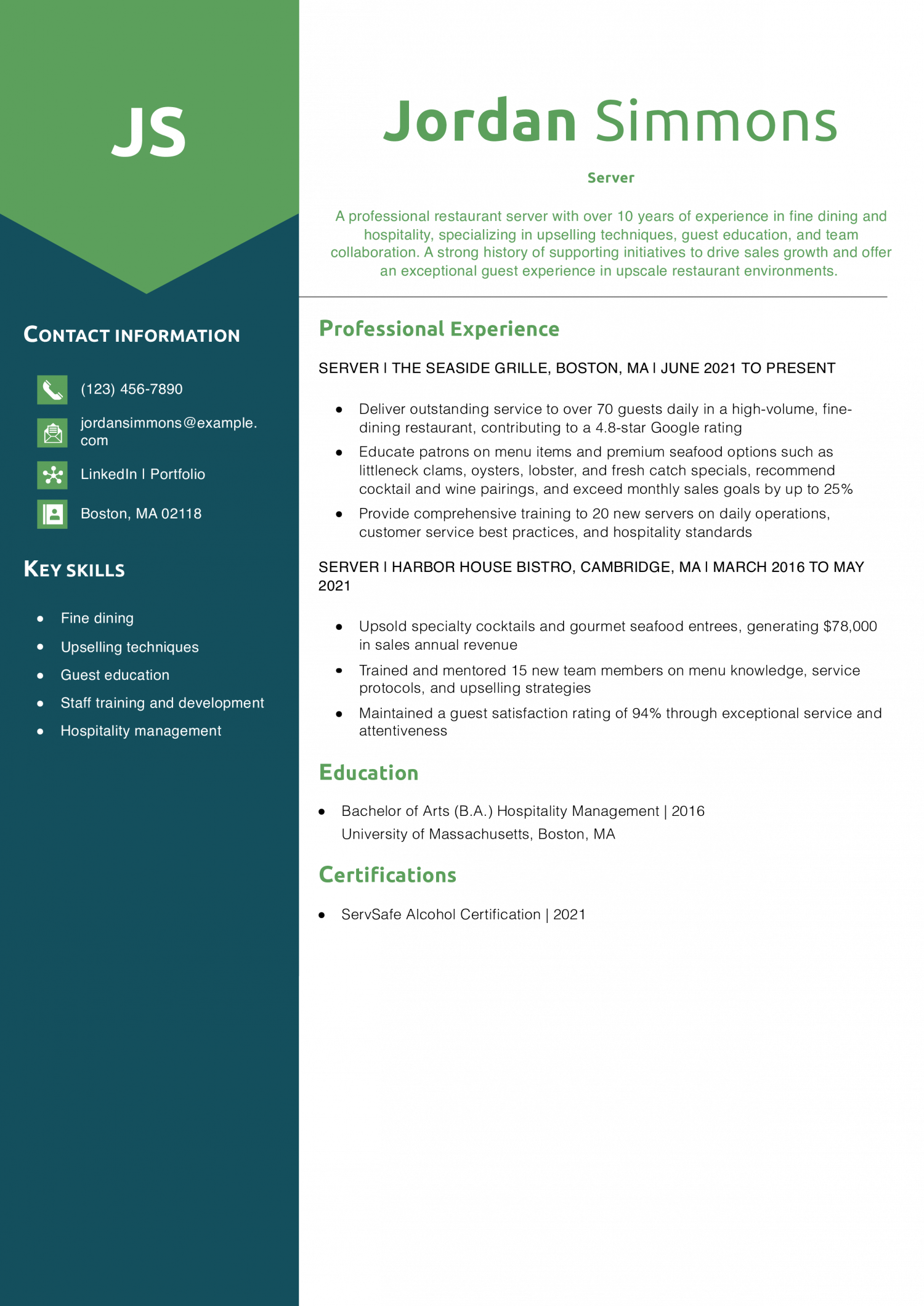 Professional Restaurant Server Resume Example