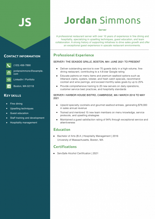 Professional Restaurant Server Resume Example