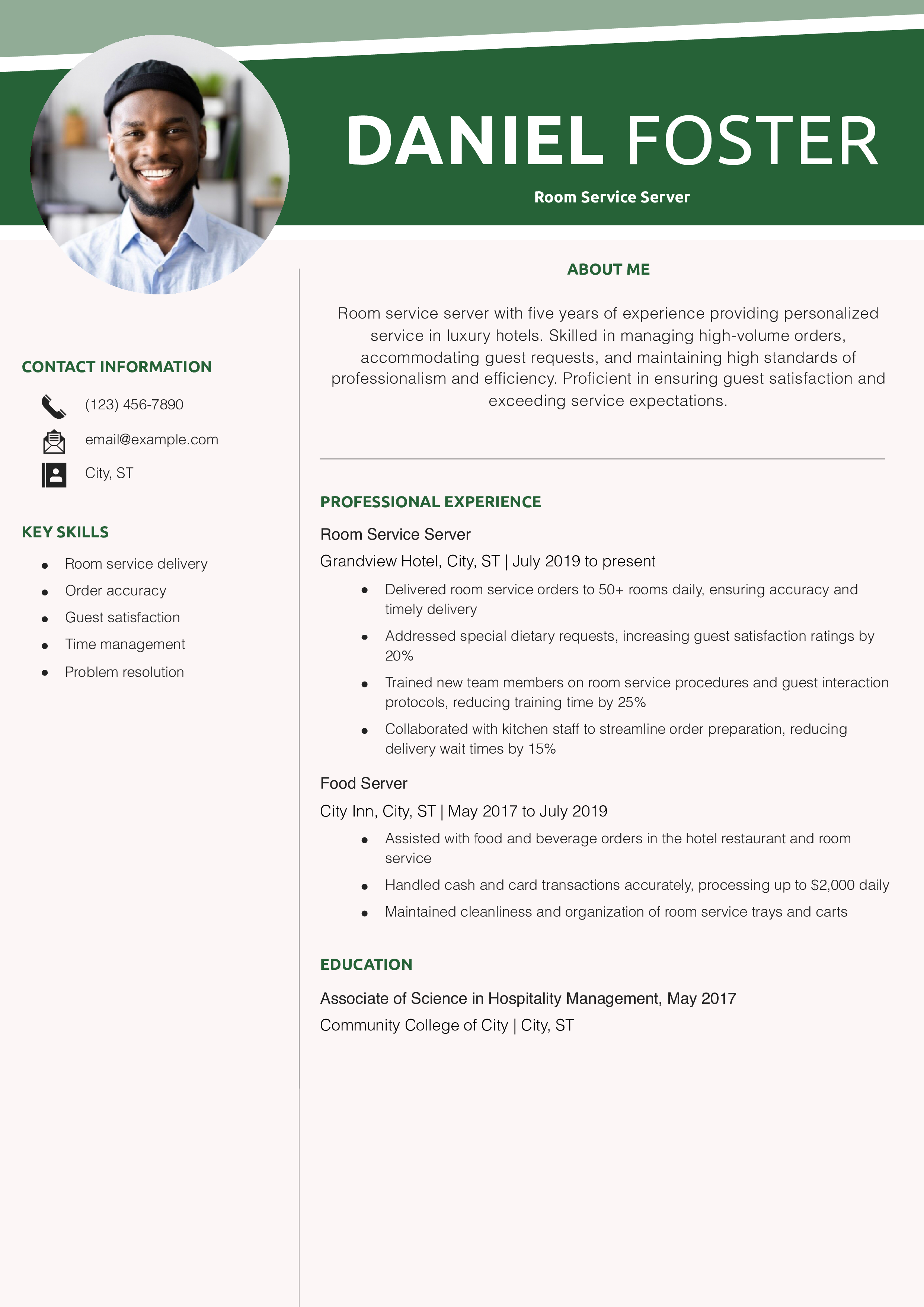 Room Service Server Resume Example