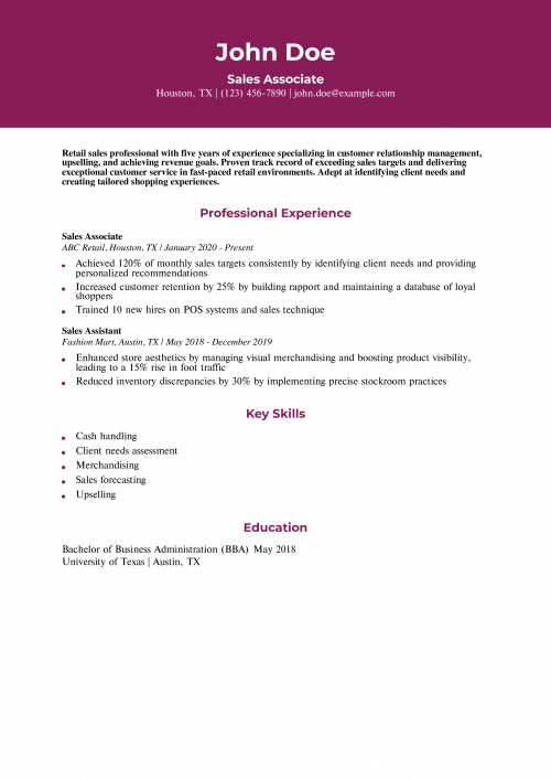 Sales Associate Resume Example