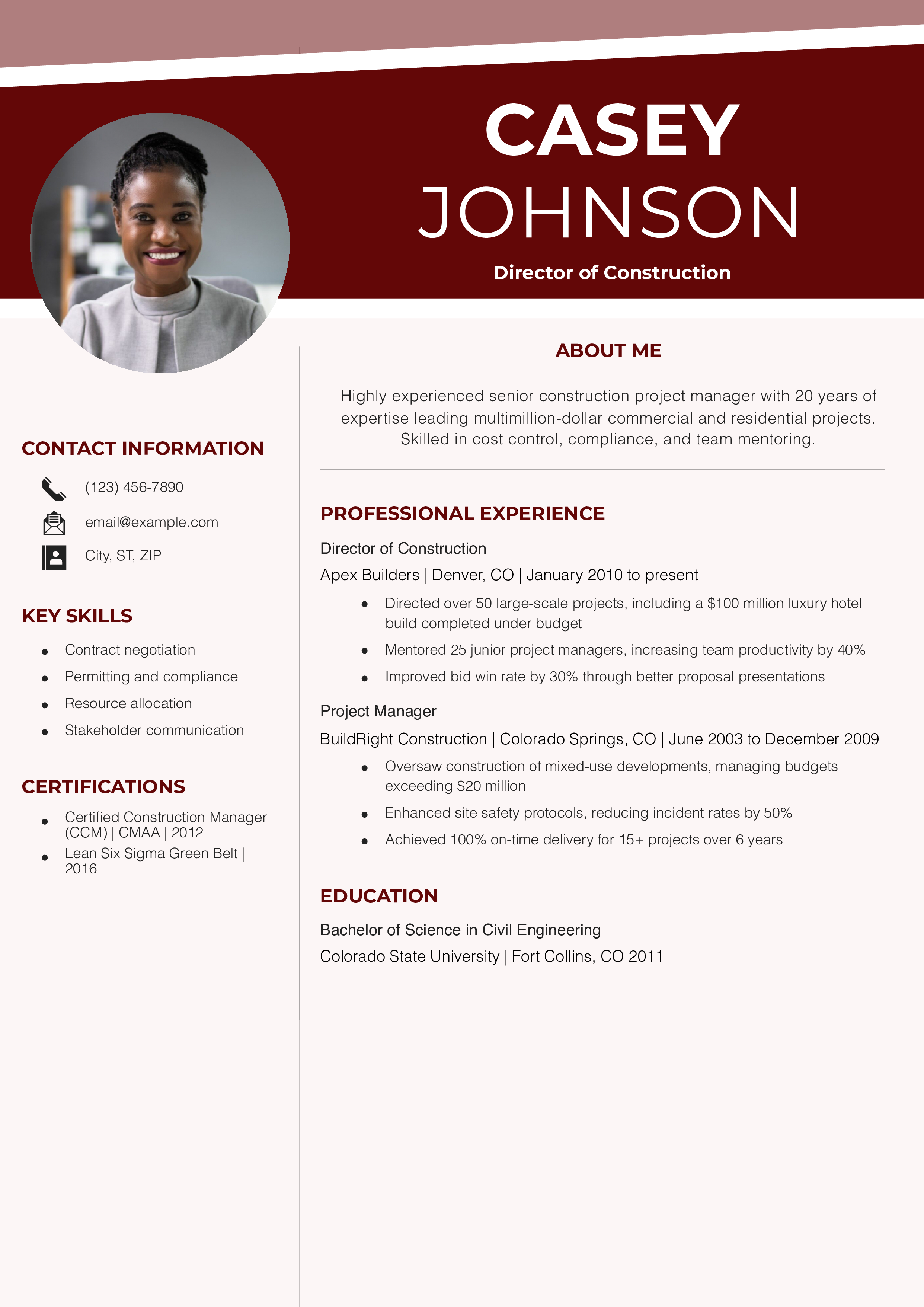 Senior Construction Project Manager Resume Example