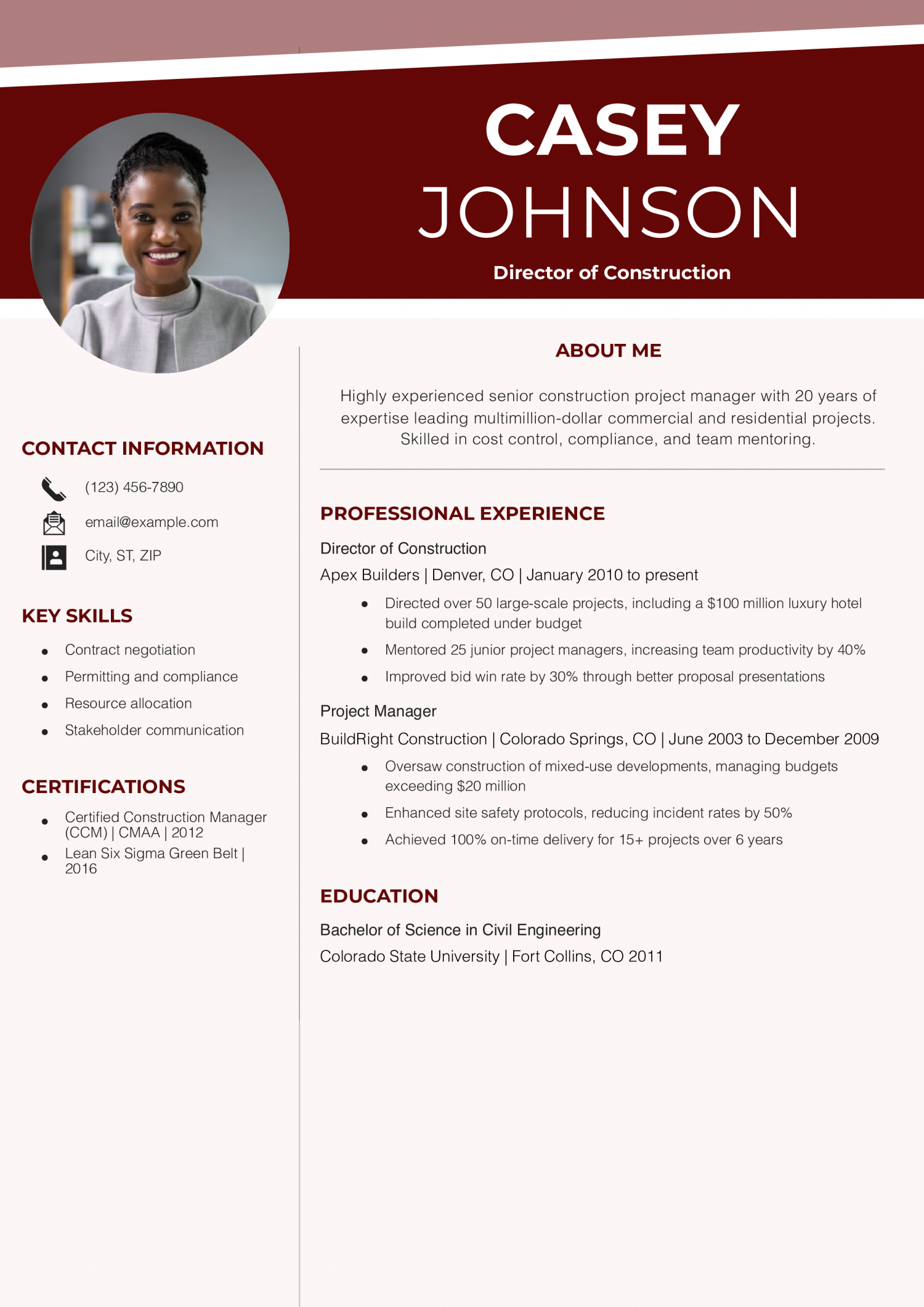 Senior Construction Project Manager Resume Example