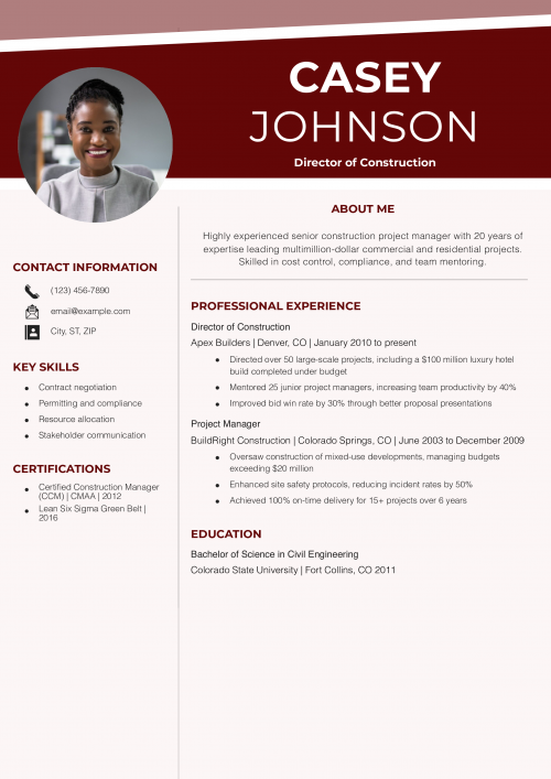 Senior Construction Project Manager Resume Example