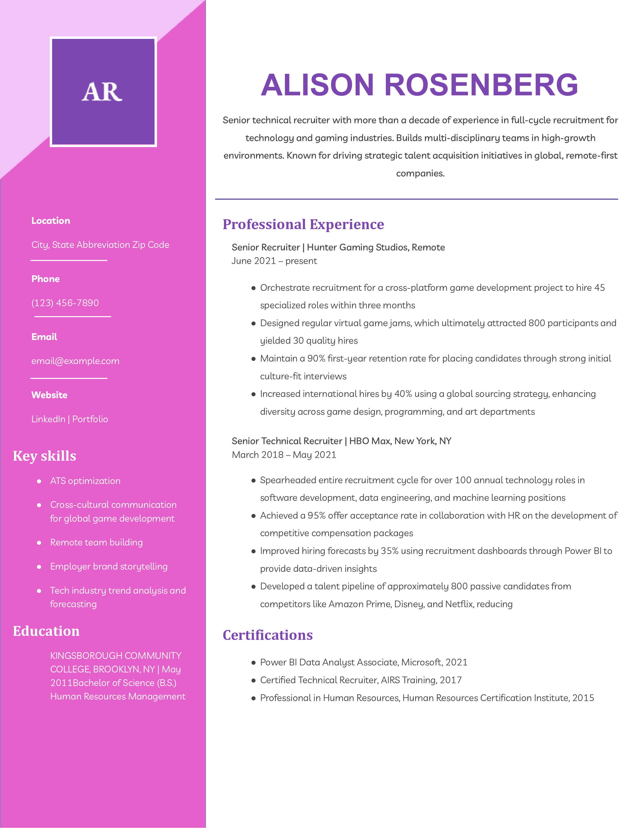 Senior Level Recruiter Resume Example