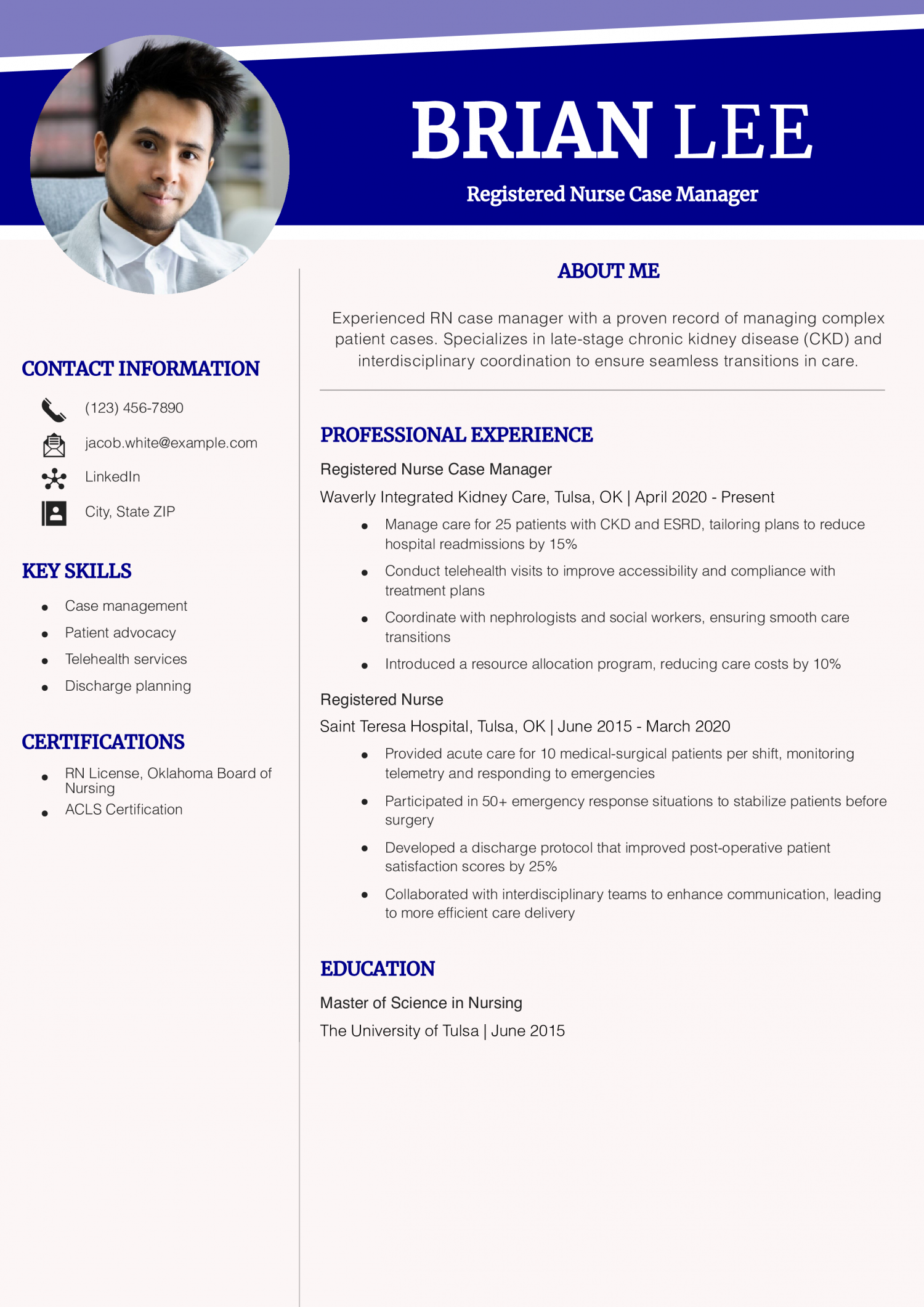Senior Registered Nurse Case Manager Resume Example