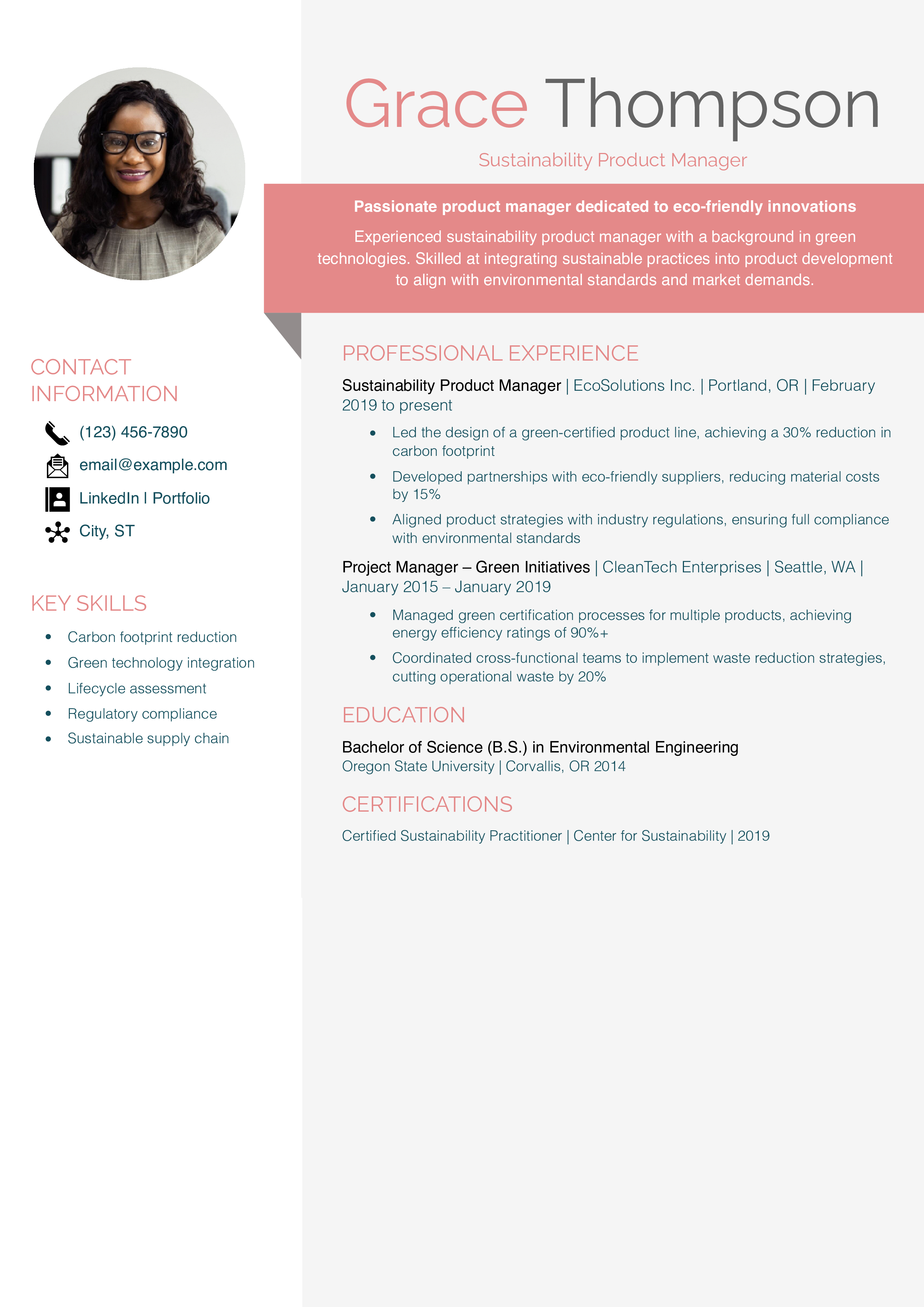 Sustainability Product Manager Resume Example