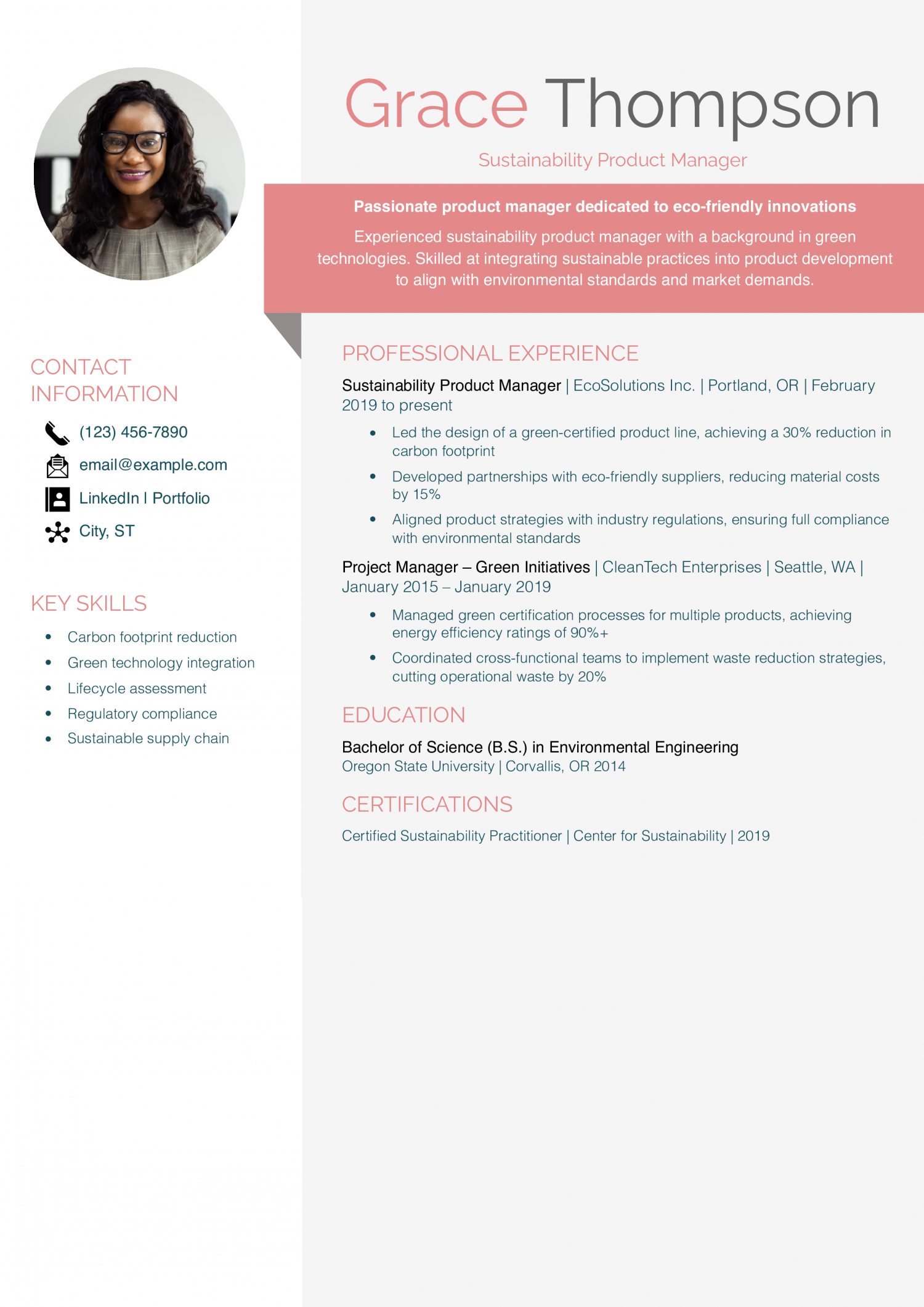 Sustainability Product Manager Resume Example