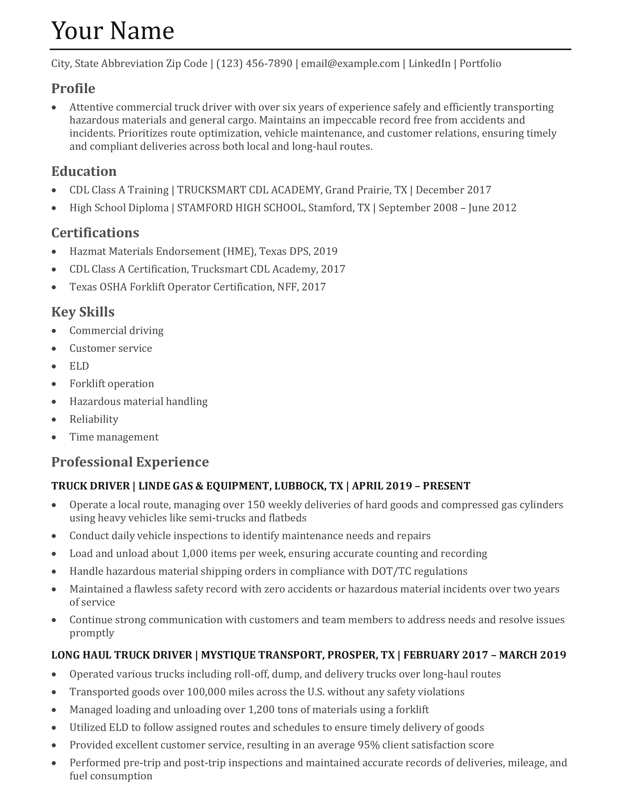 Truck Driver Resume Templates and Examples
