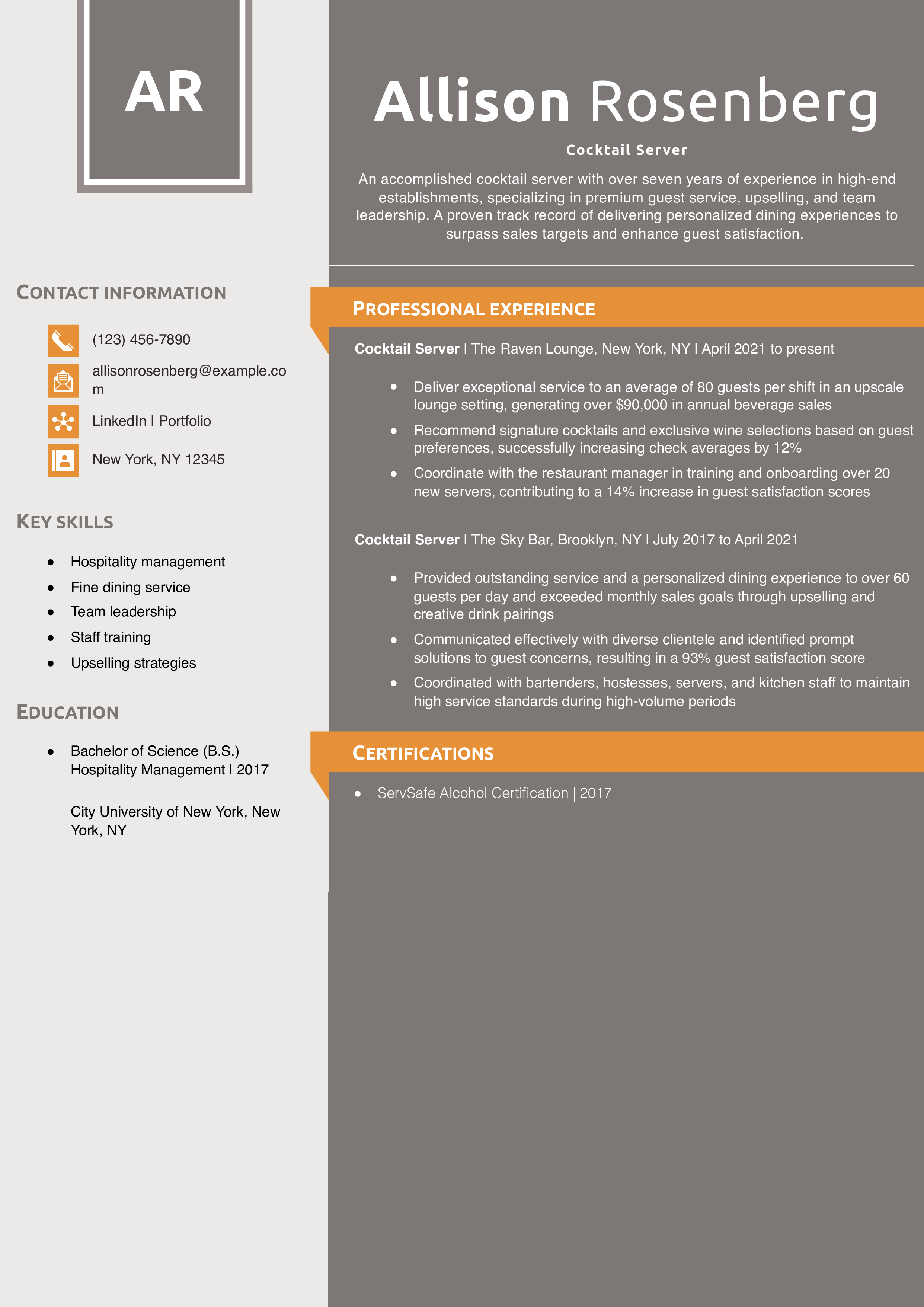 Upscale Restaurant Server Resume Example