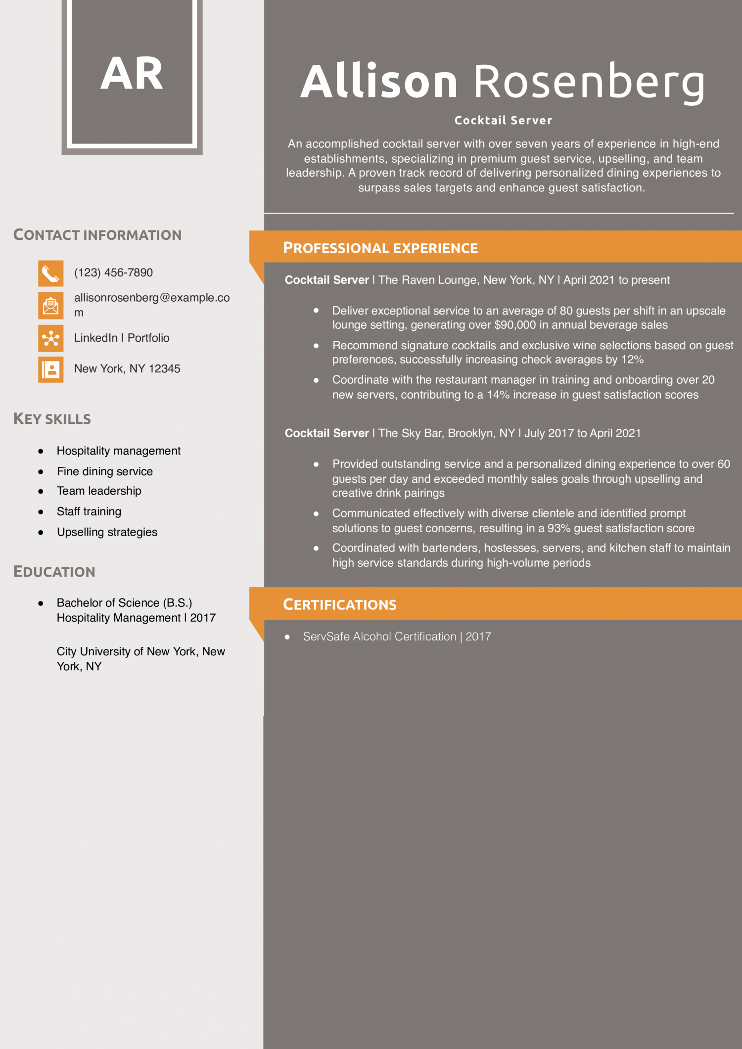 Upscale Restaurant Server Resume Example