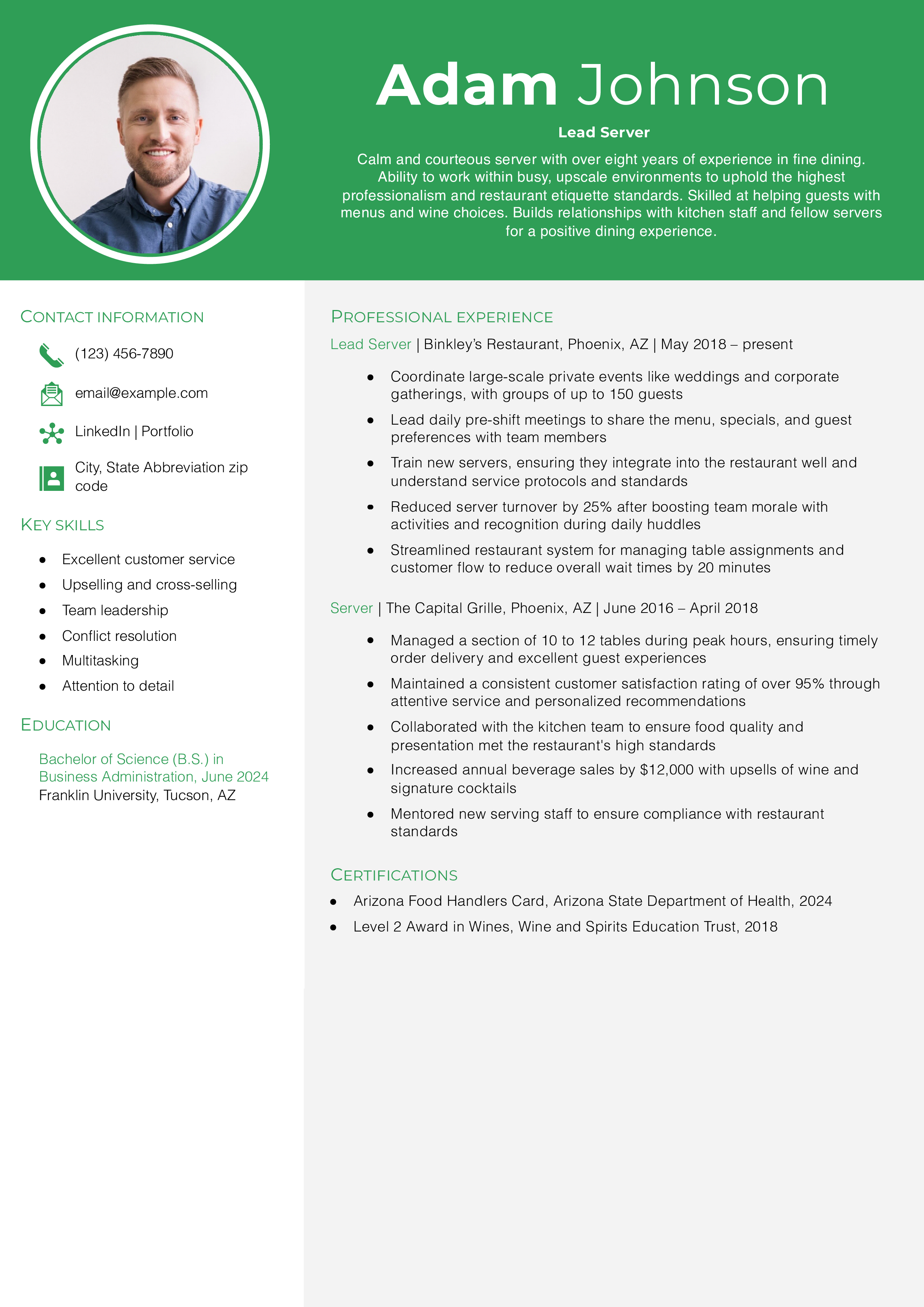 Waiter Server Resume Example