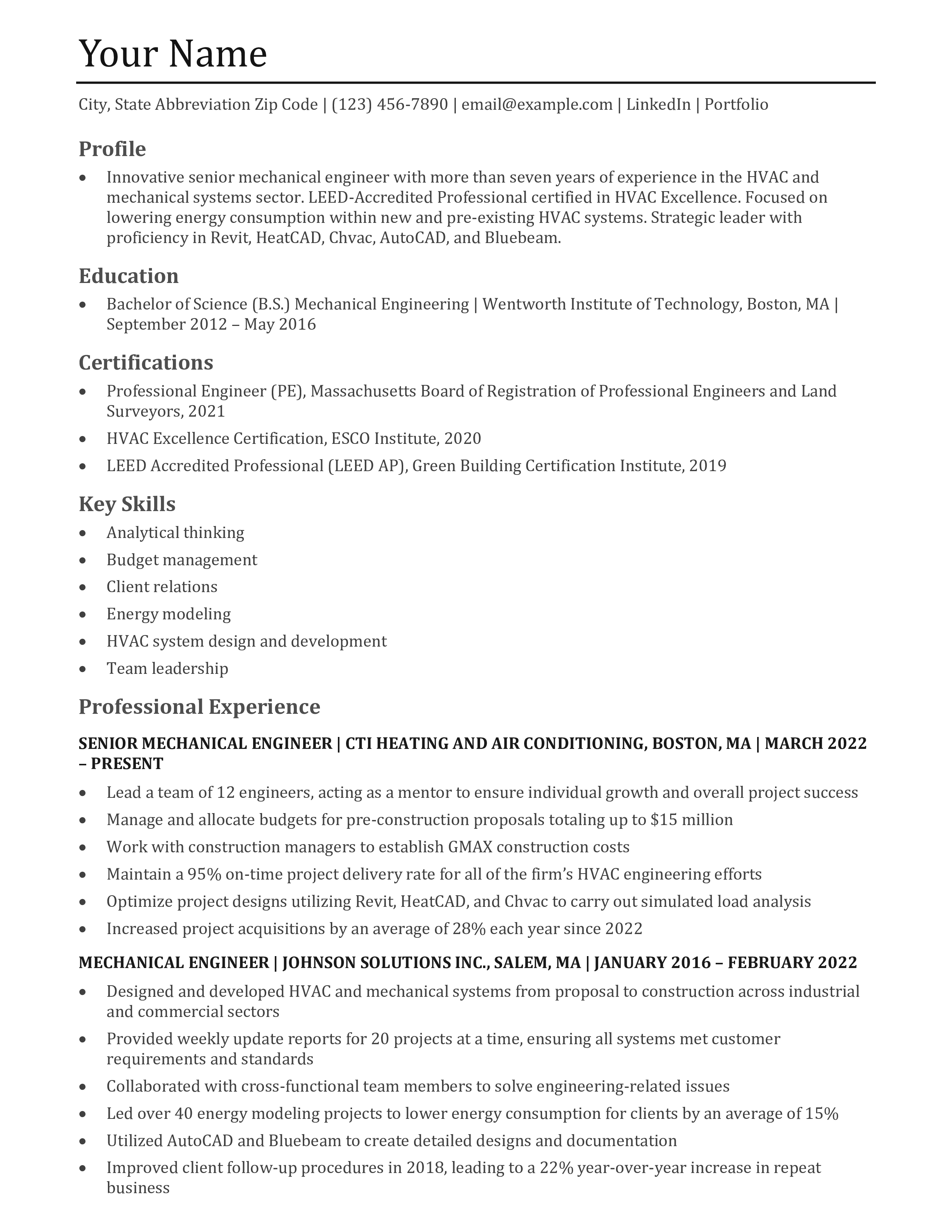 Mechanical Engineer Resume Templates and Examples