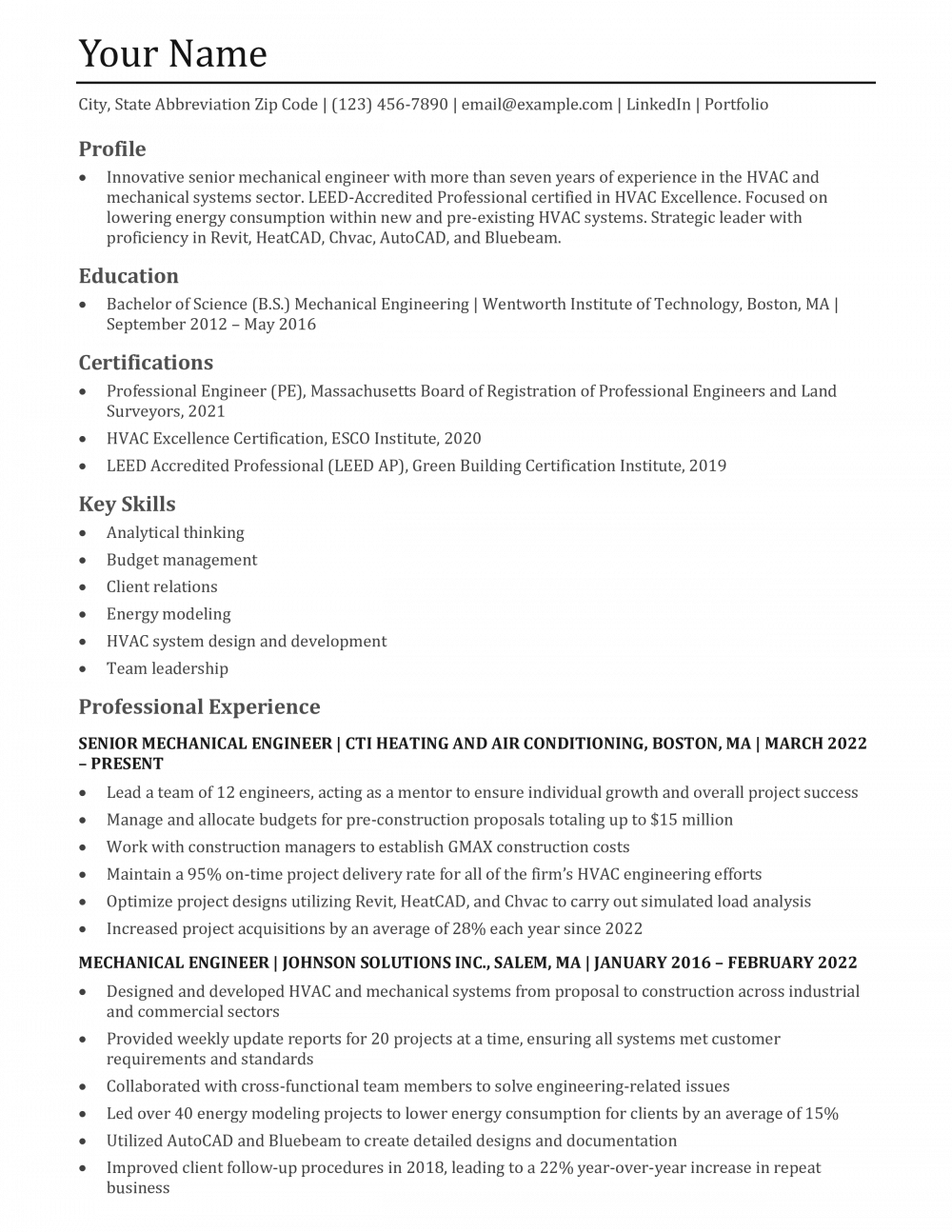 Mechanical Engineer Resume Templates and Examples