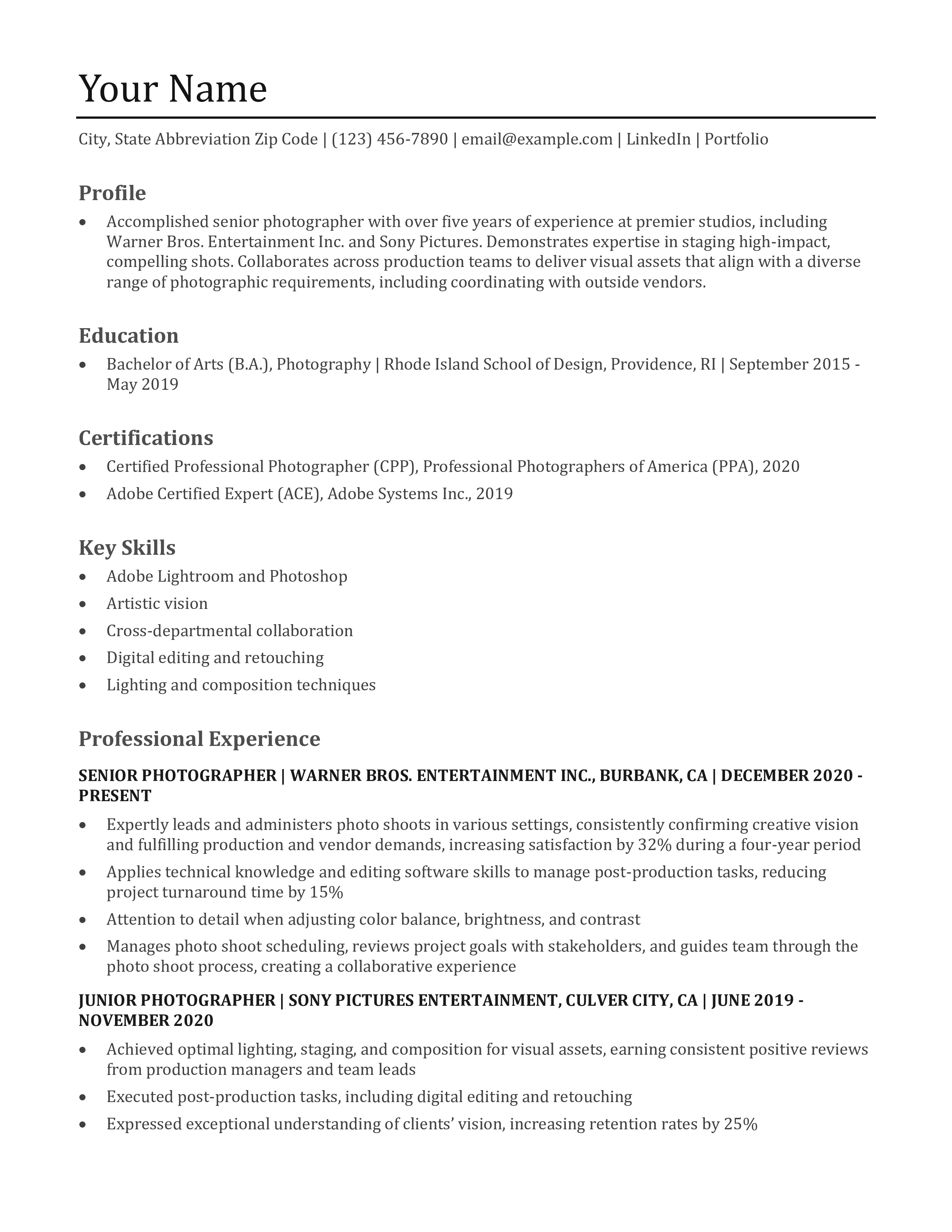 Photographer Resume Templates and Examples