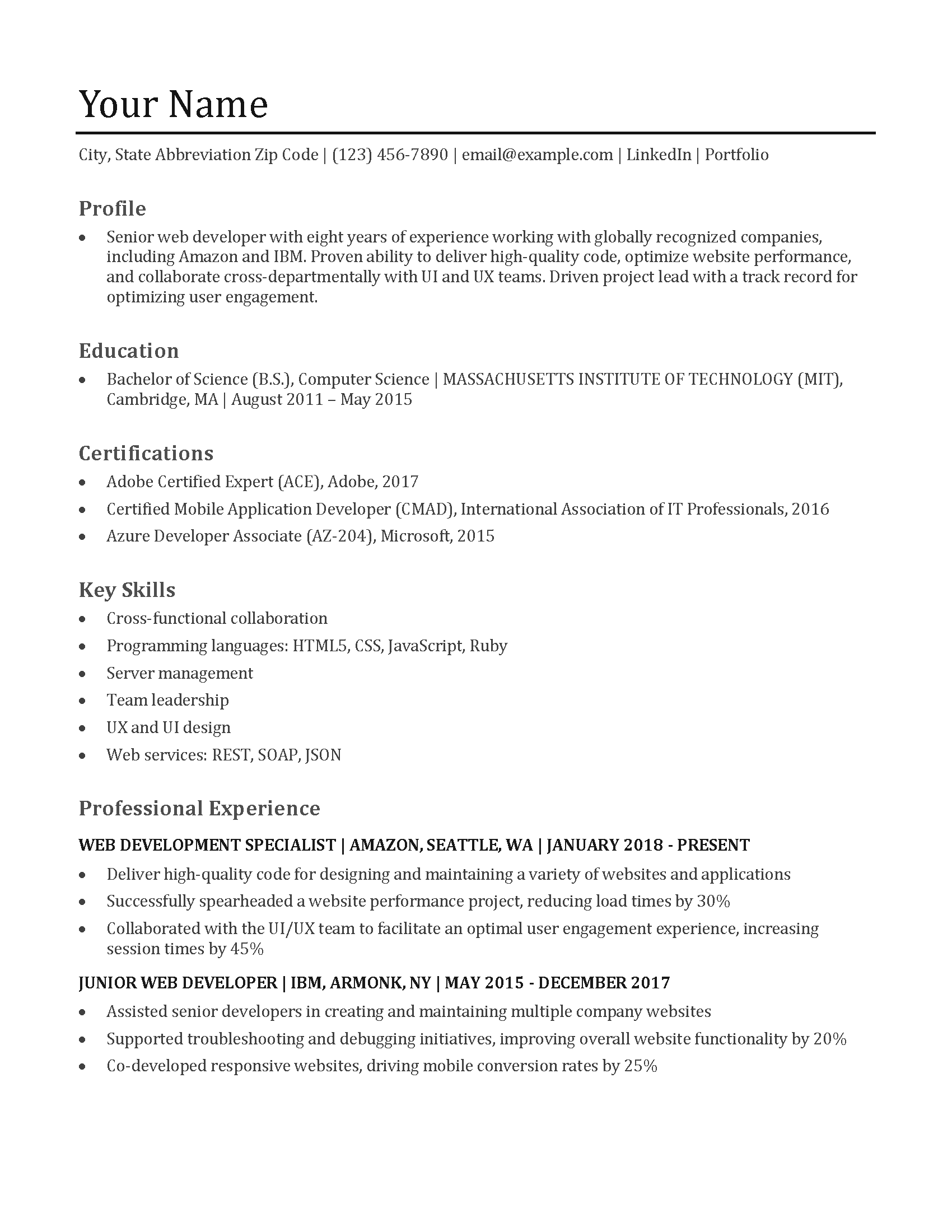 Web Developer Resume Templates and Examples