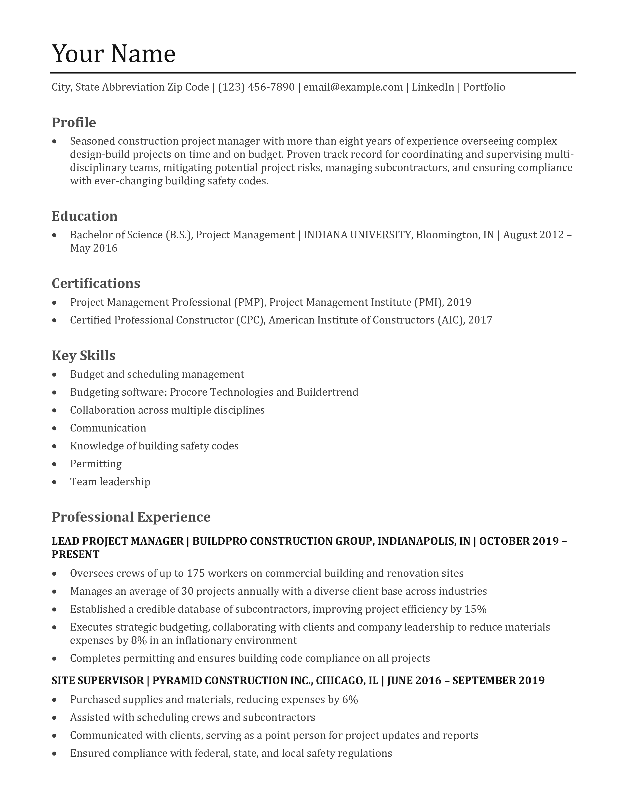 Construction Project Manager Resume Templates and Examples