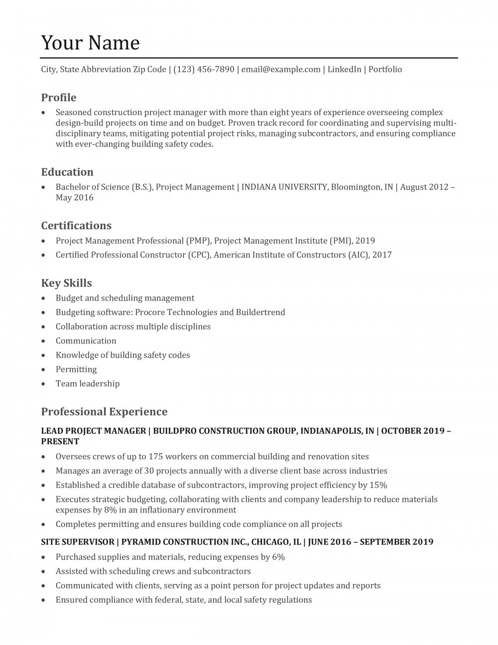 Construction Project Manager Resume Templates and Examples