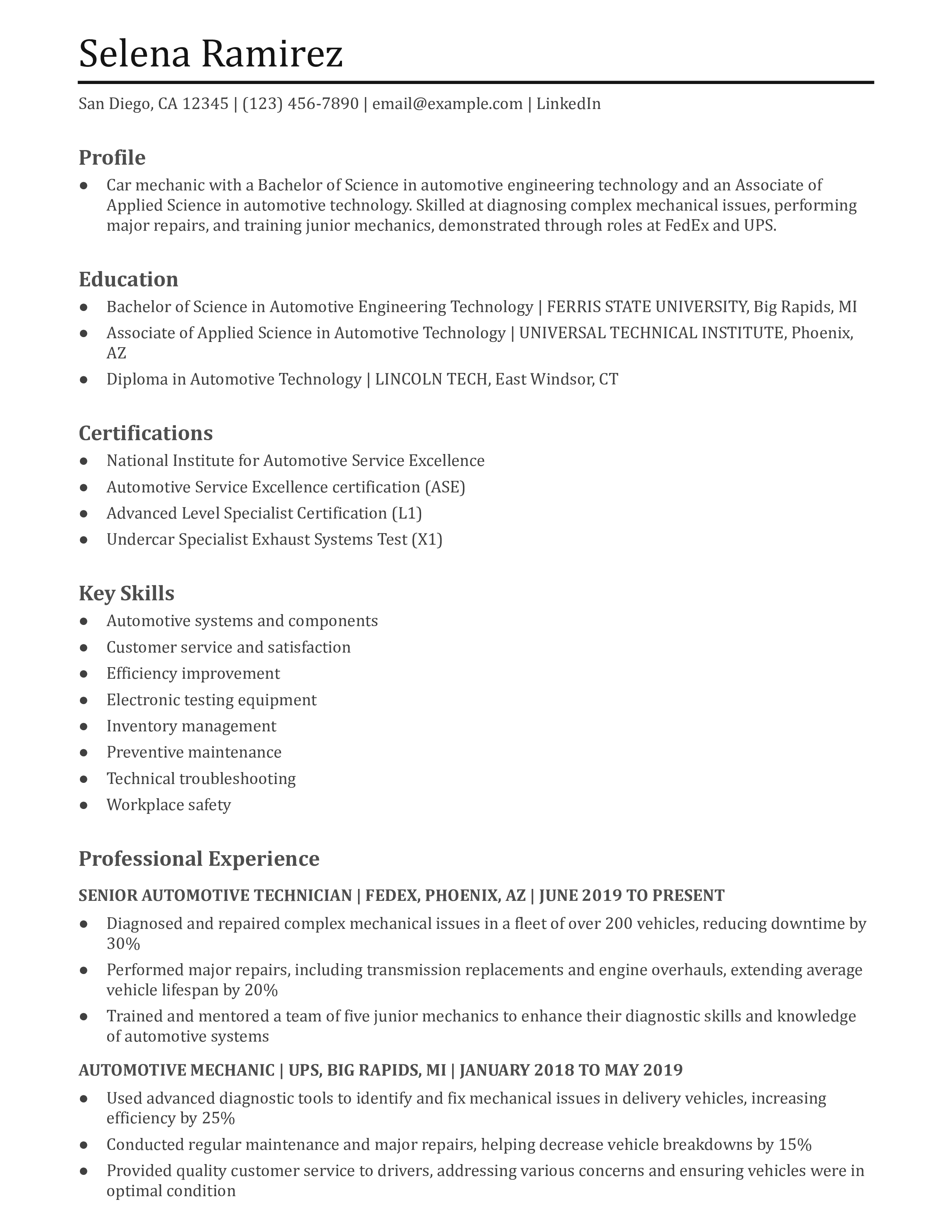 Car Mechanic Resume Example