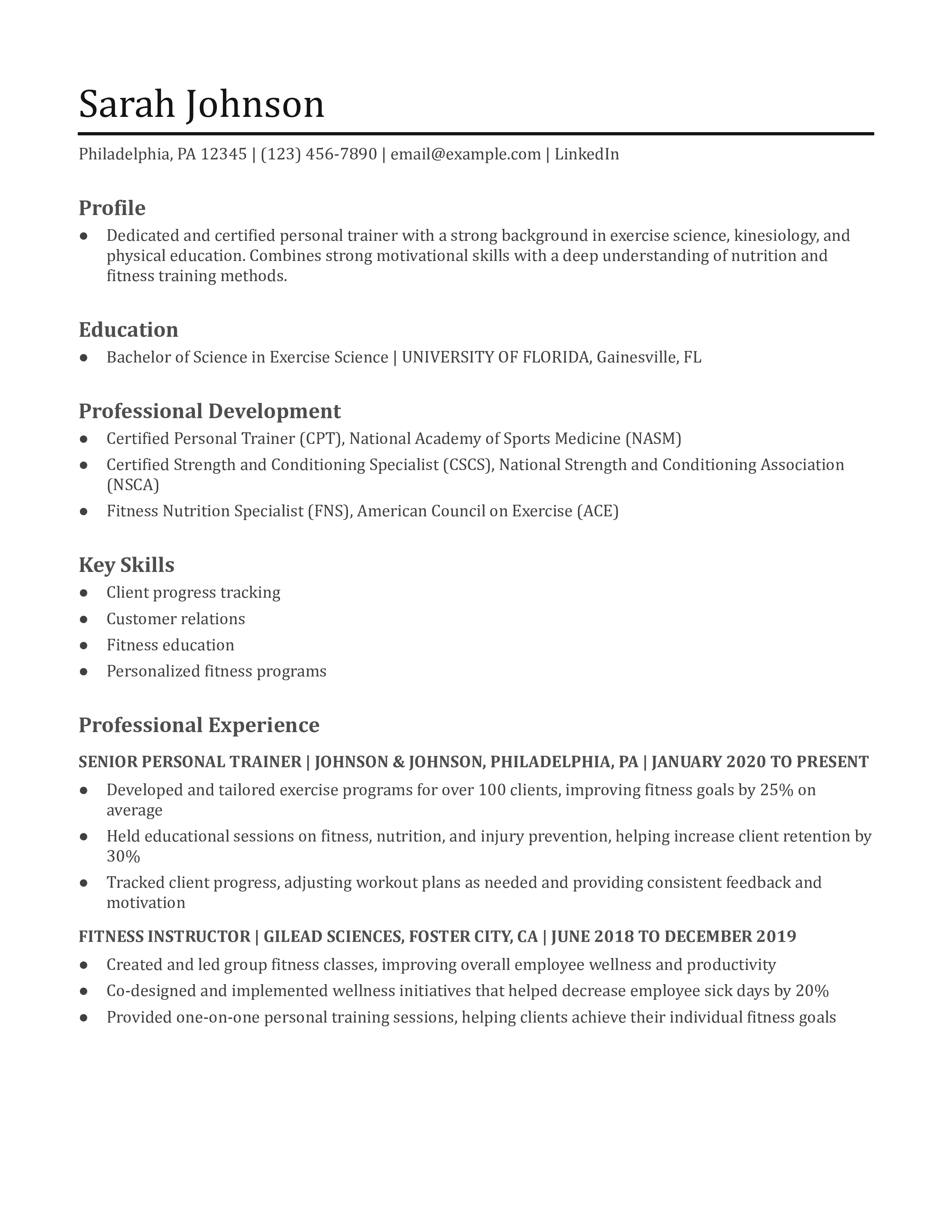 Certified Personal Trainer Resume Example