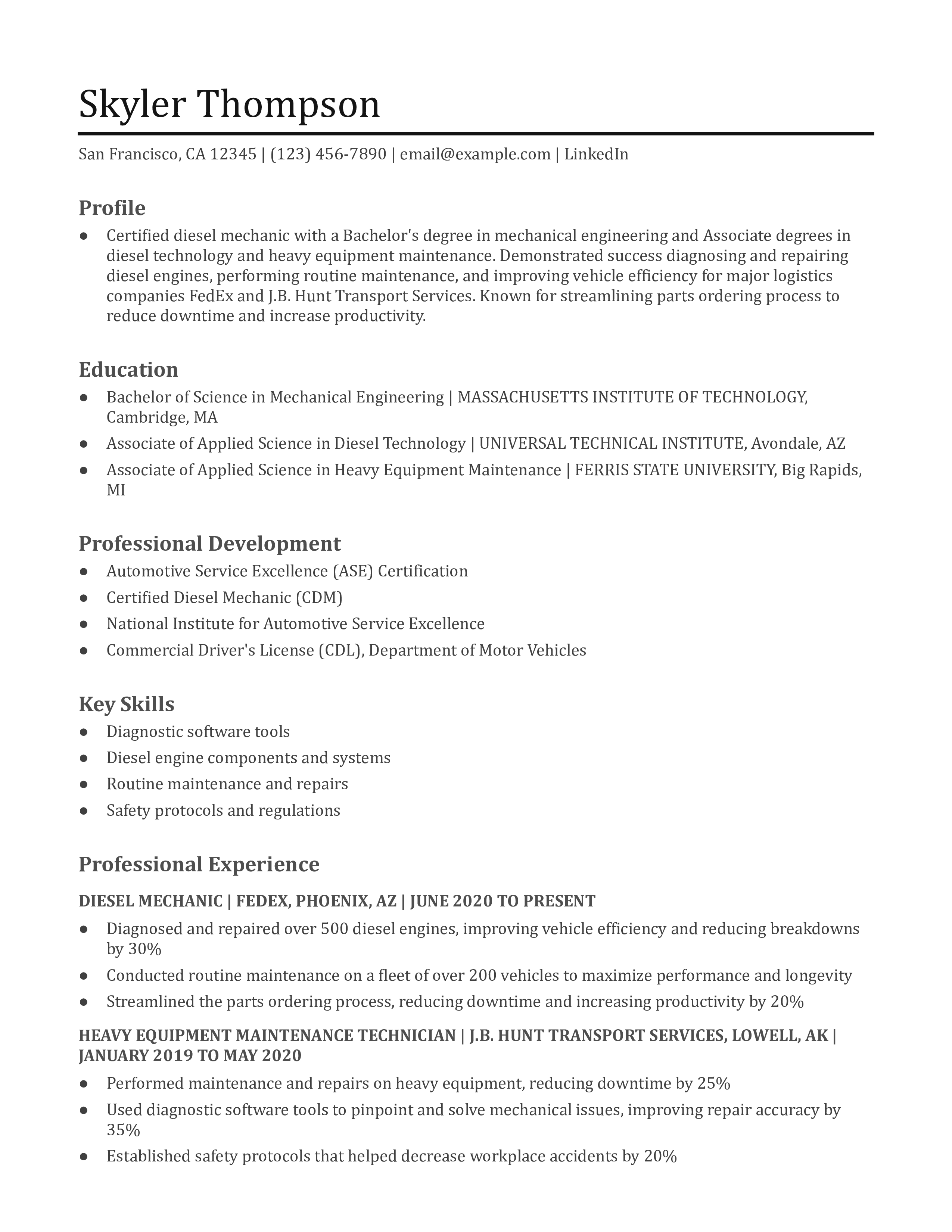 Mechanic Resume Examples and Templates - Diesel Mechanic Resume Example.pdf