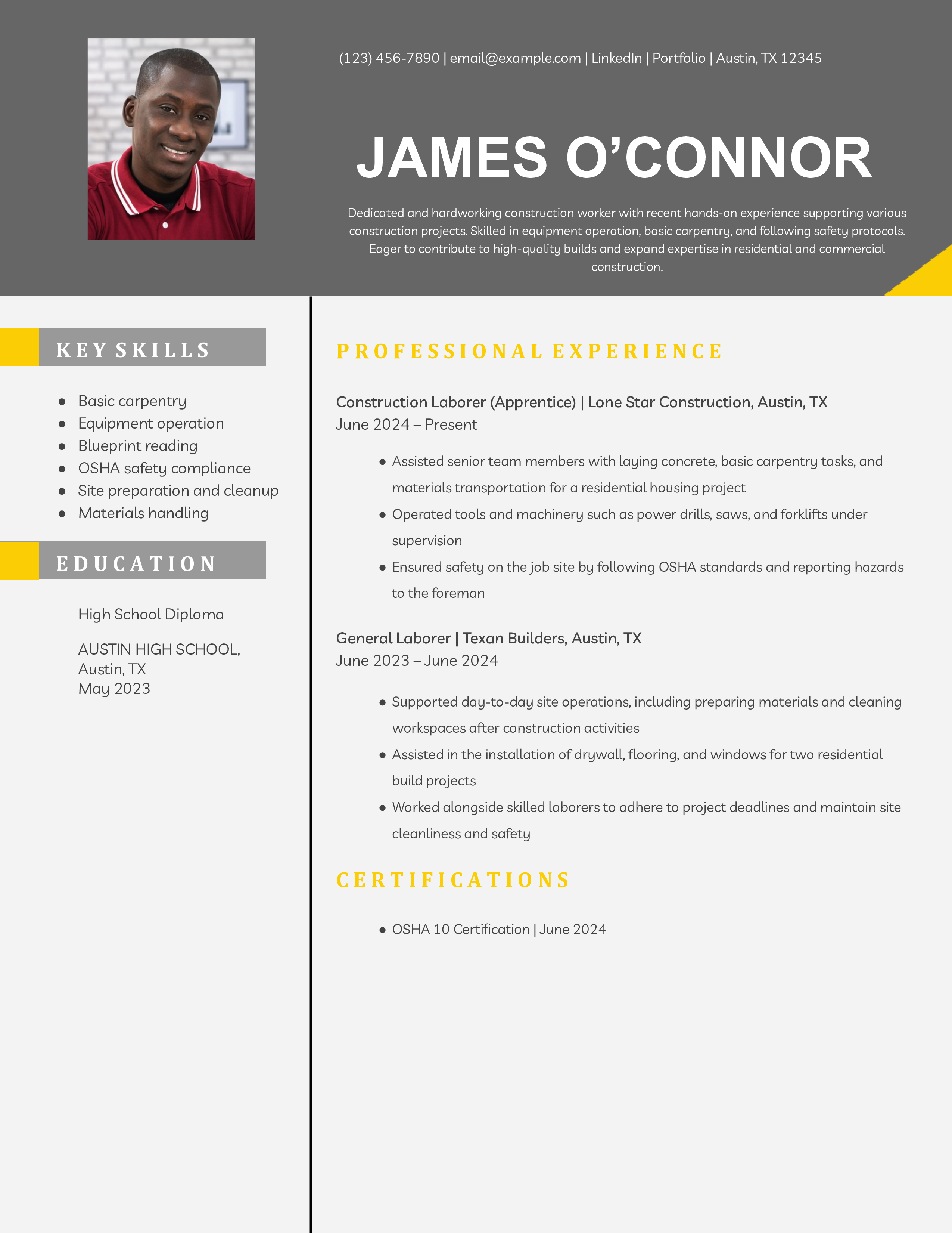 Entry-Level Construction Worker Resume Example