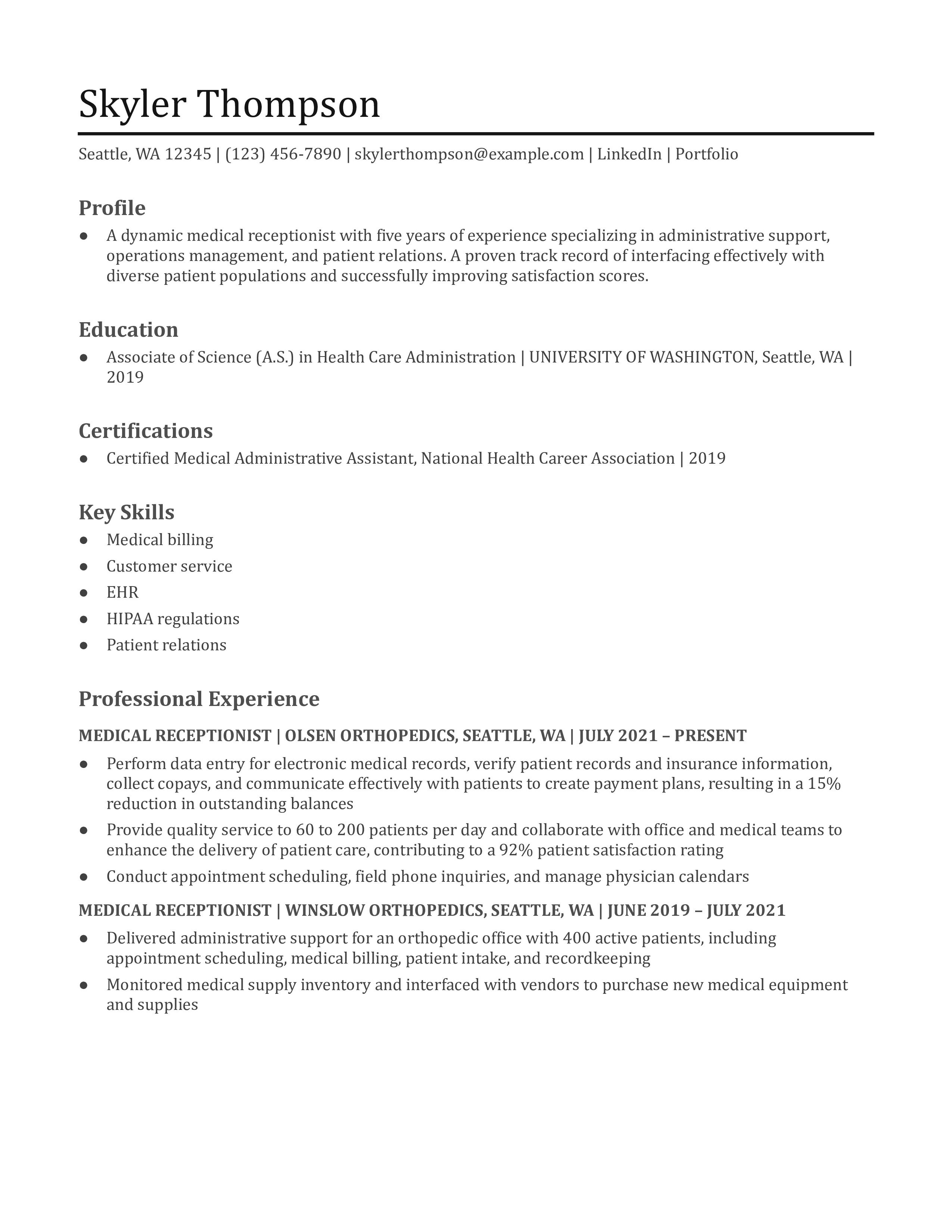 Medical Front Desk Receptionist Resume Example