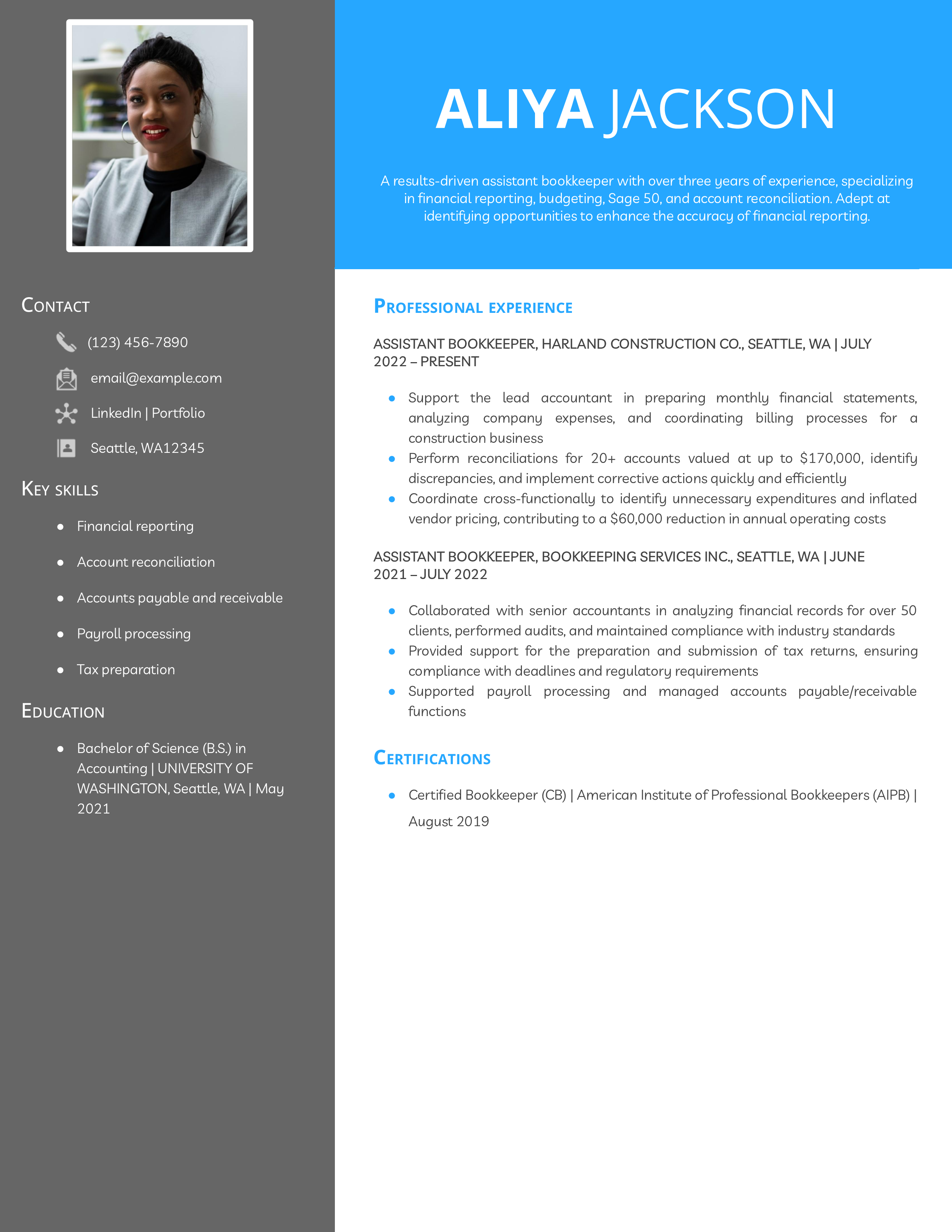 Assistant Bookkeeper Resume Example