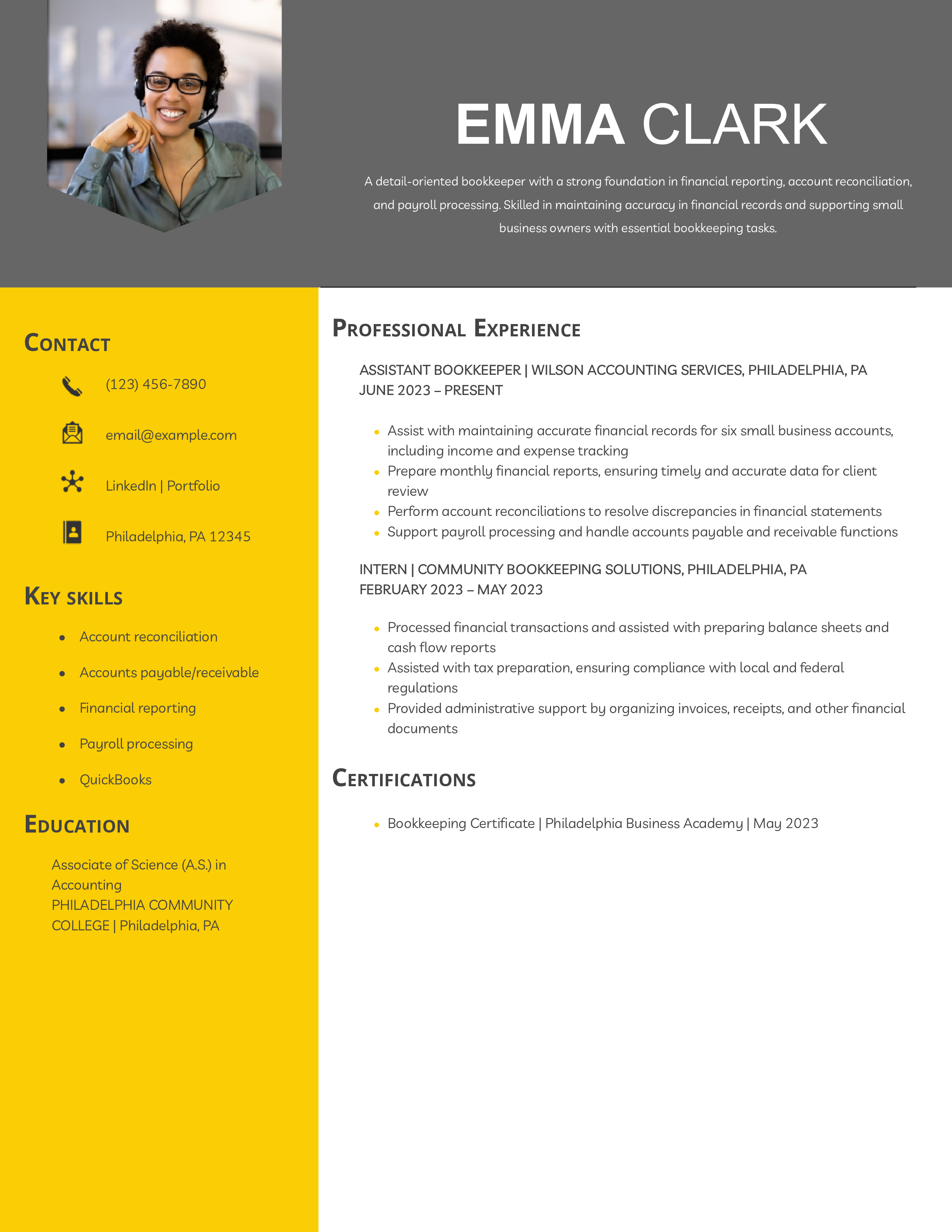 Beginner Bookkeeper Resume Example