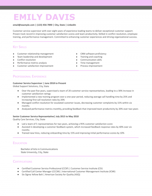 Customer Service Supervisor Resume Example