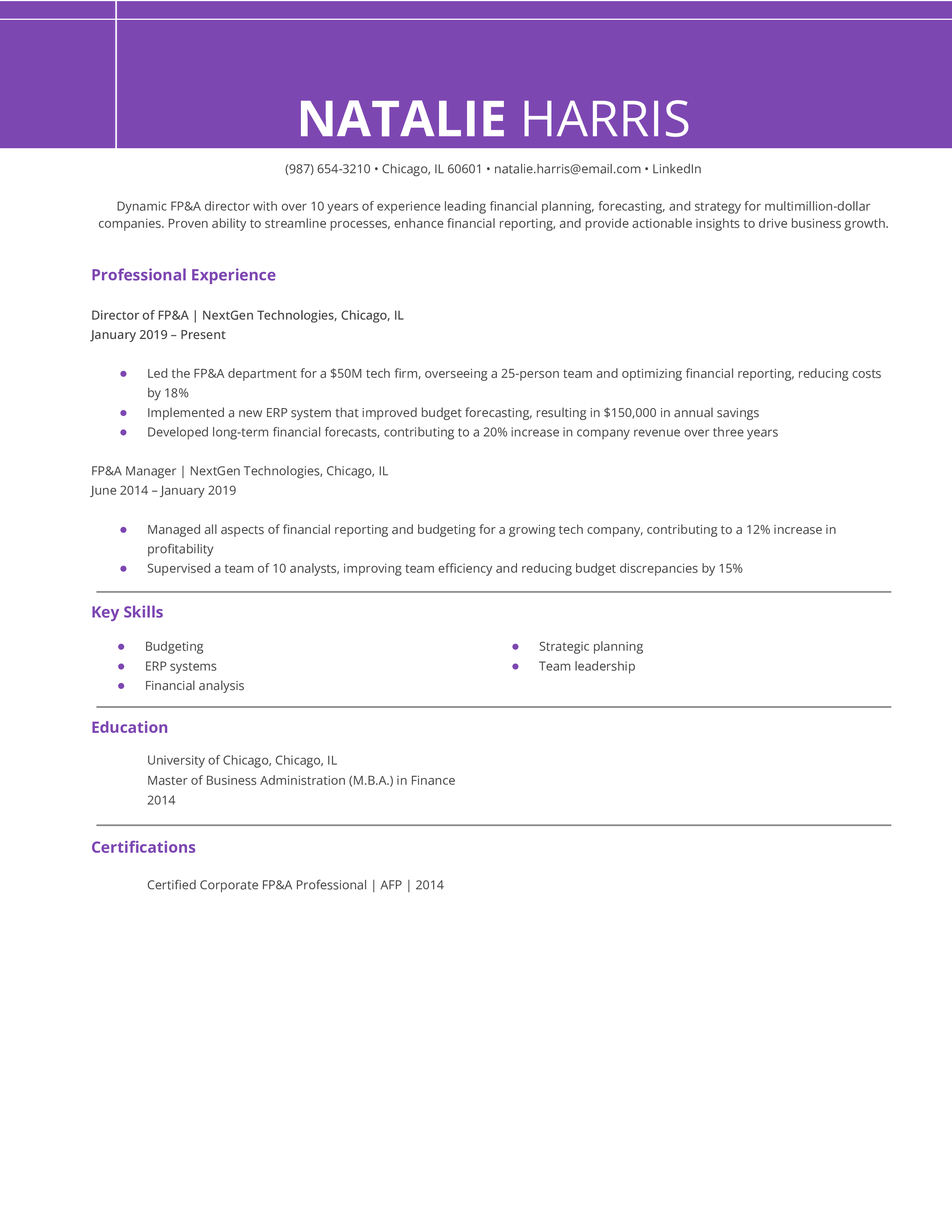 Director of FP&A Resume Example