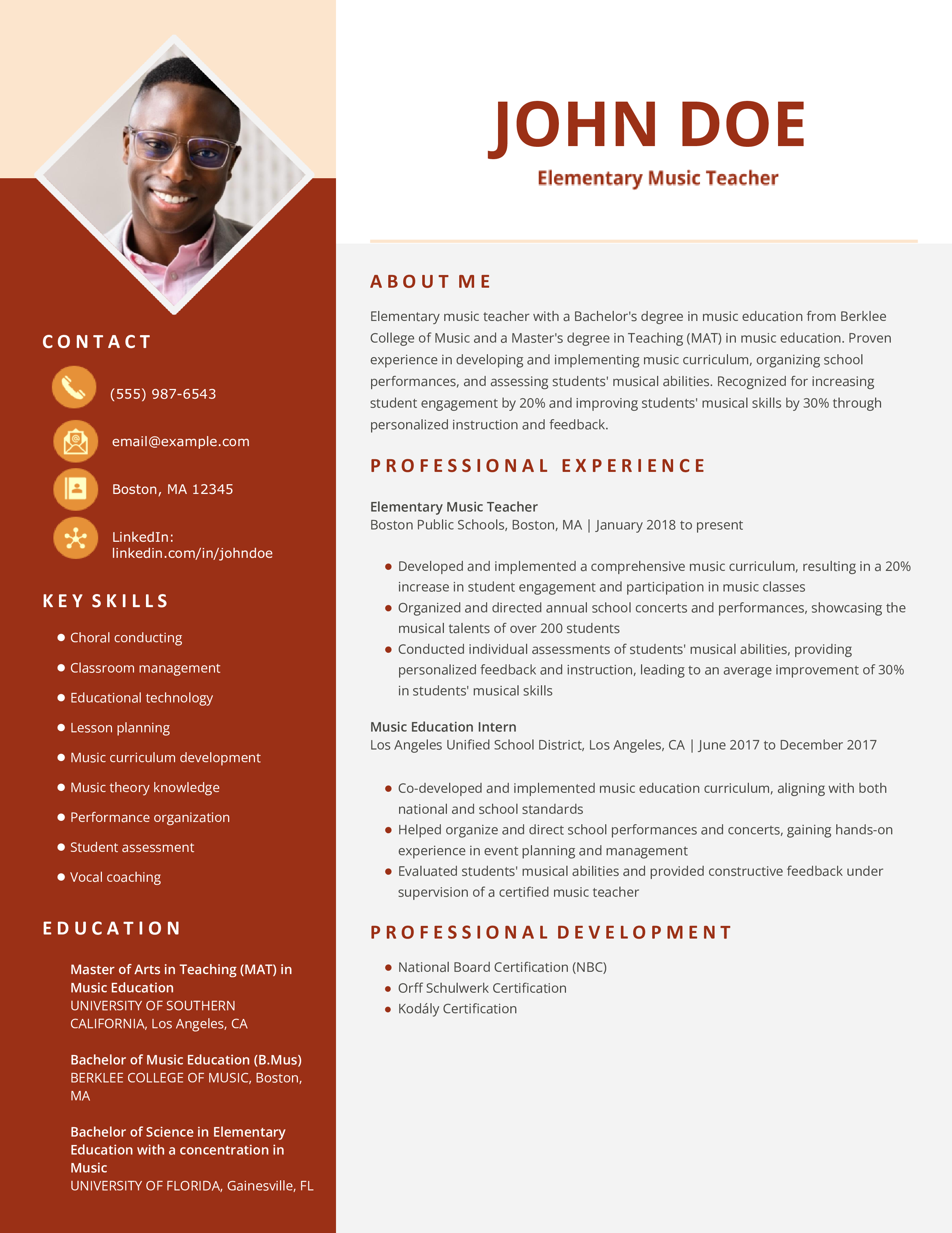 Elementary Music Teacher Resume Example