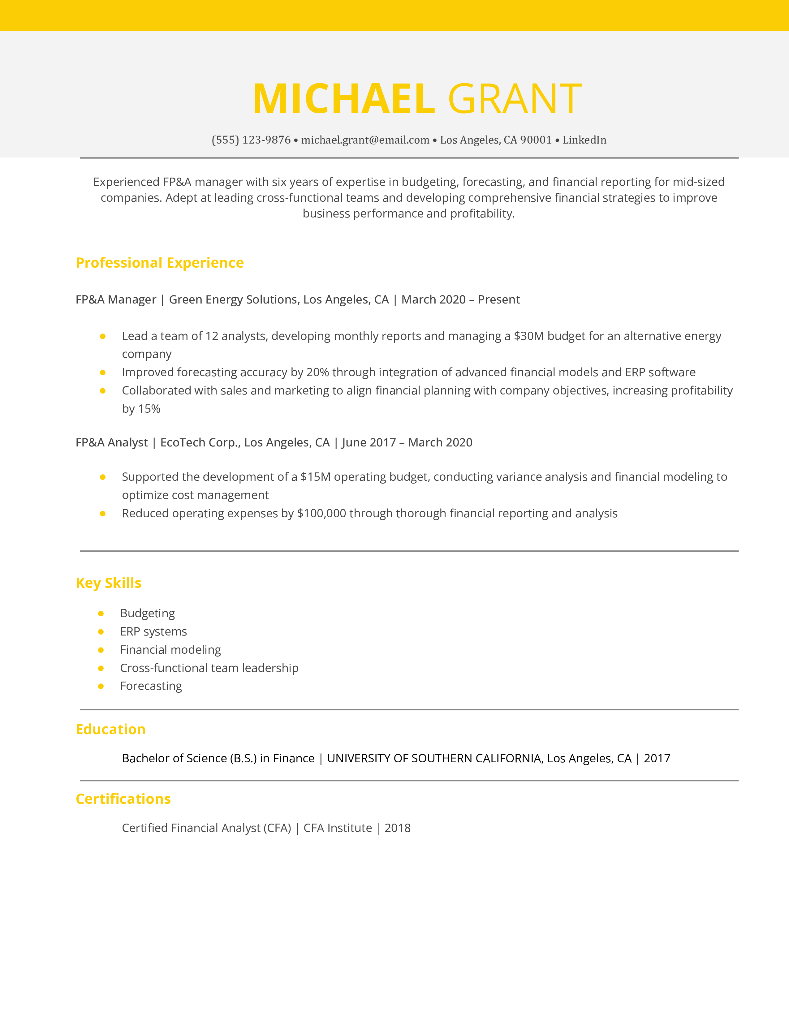 FP&A Manager Resume Example
