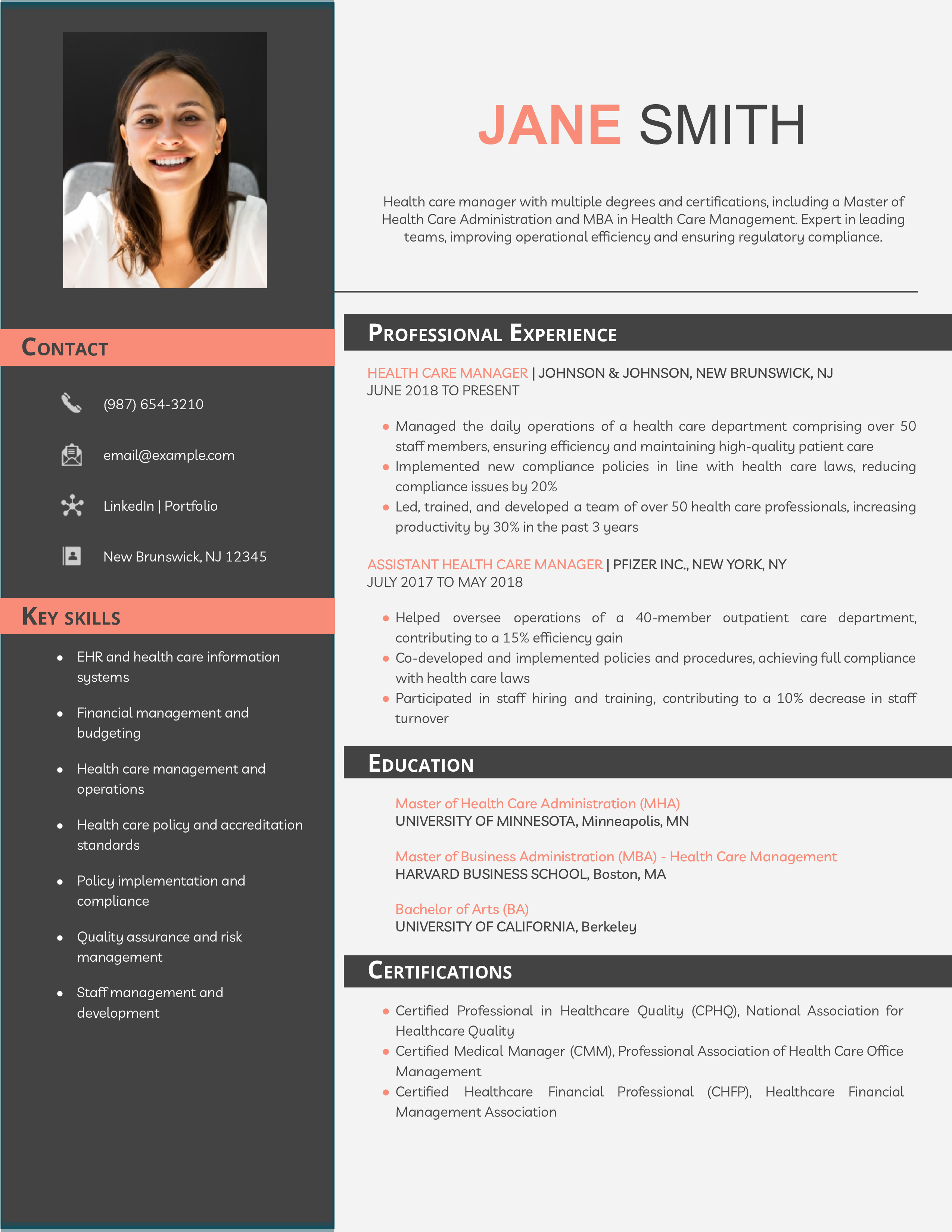 Health Care Manager Resume Example