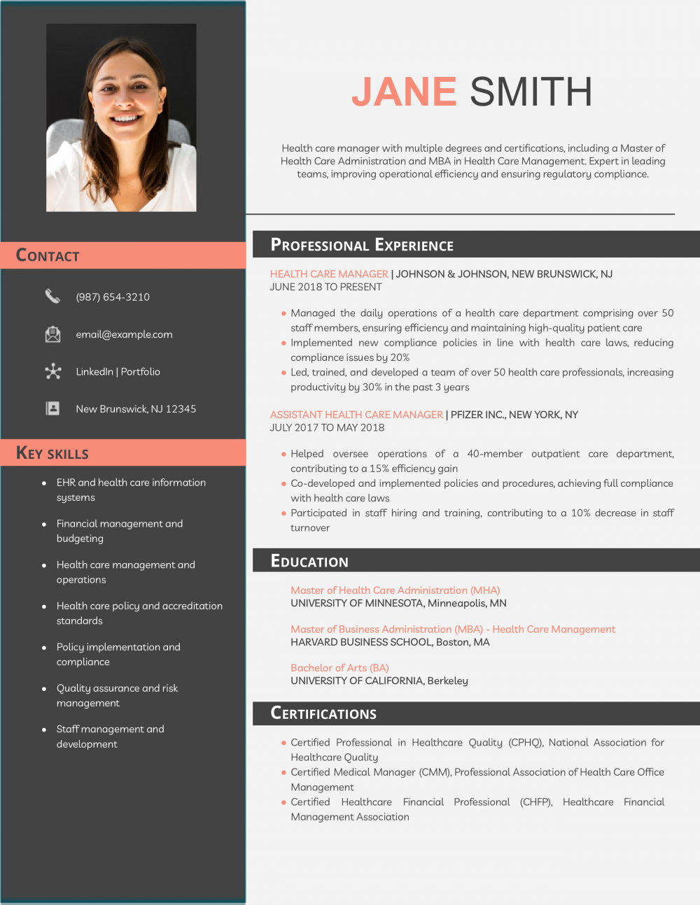 Health Care Manager Resume Example
