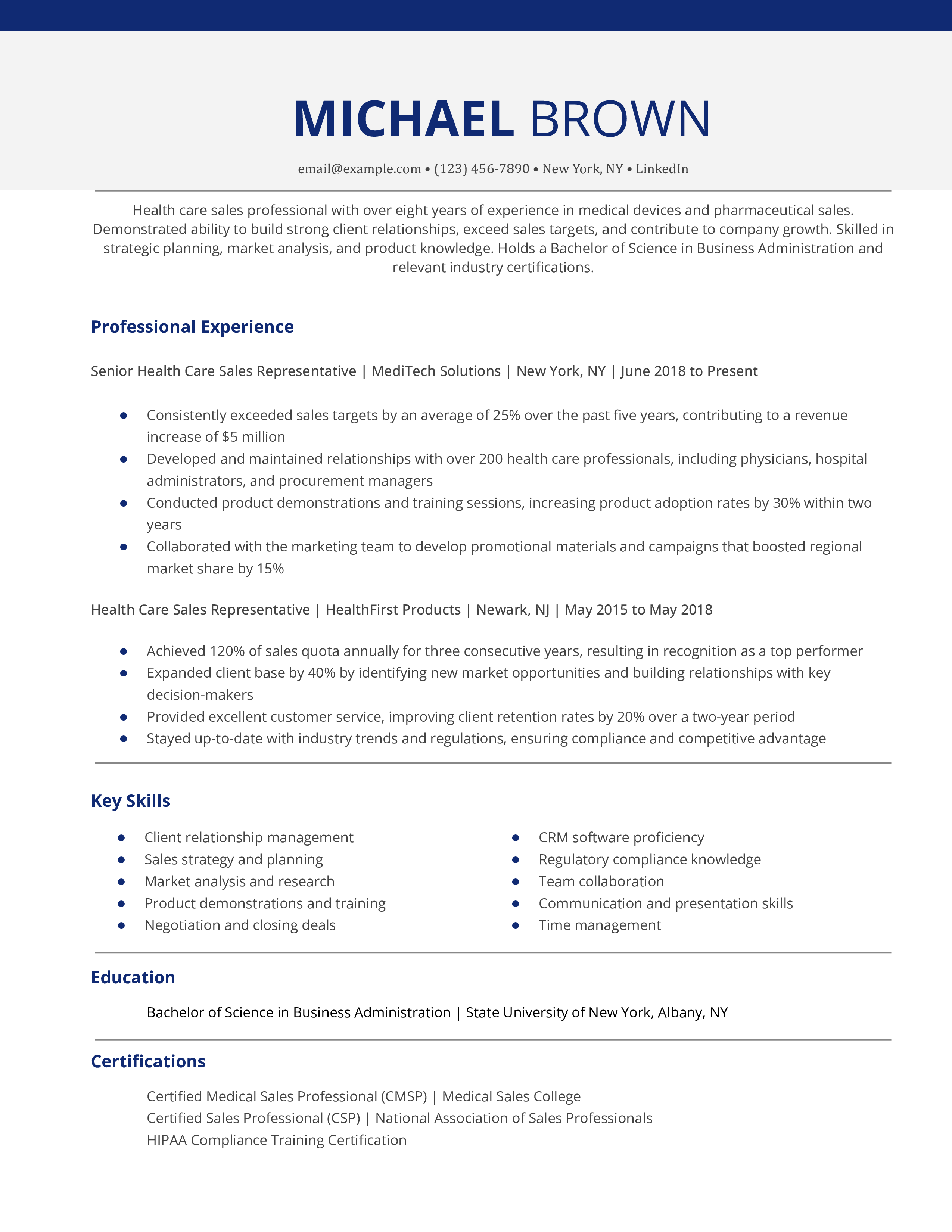Health Care Sales Representative Resume Example