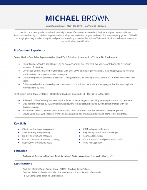 Health Care Sales Representative Resume Example