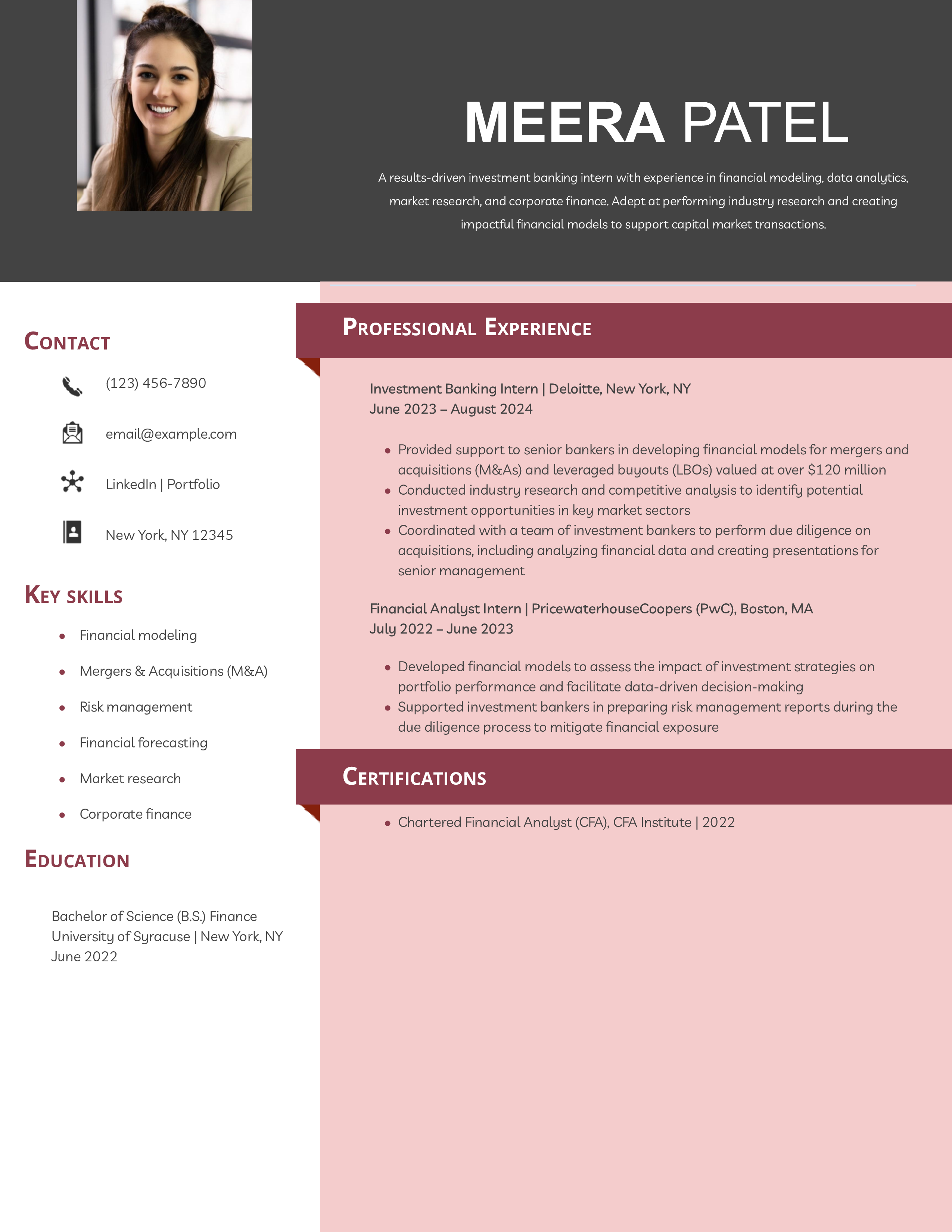 Investment Banking Intern Resume Example