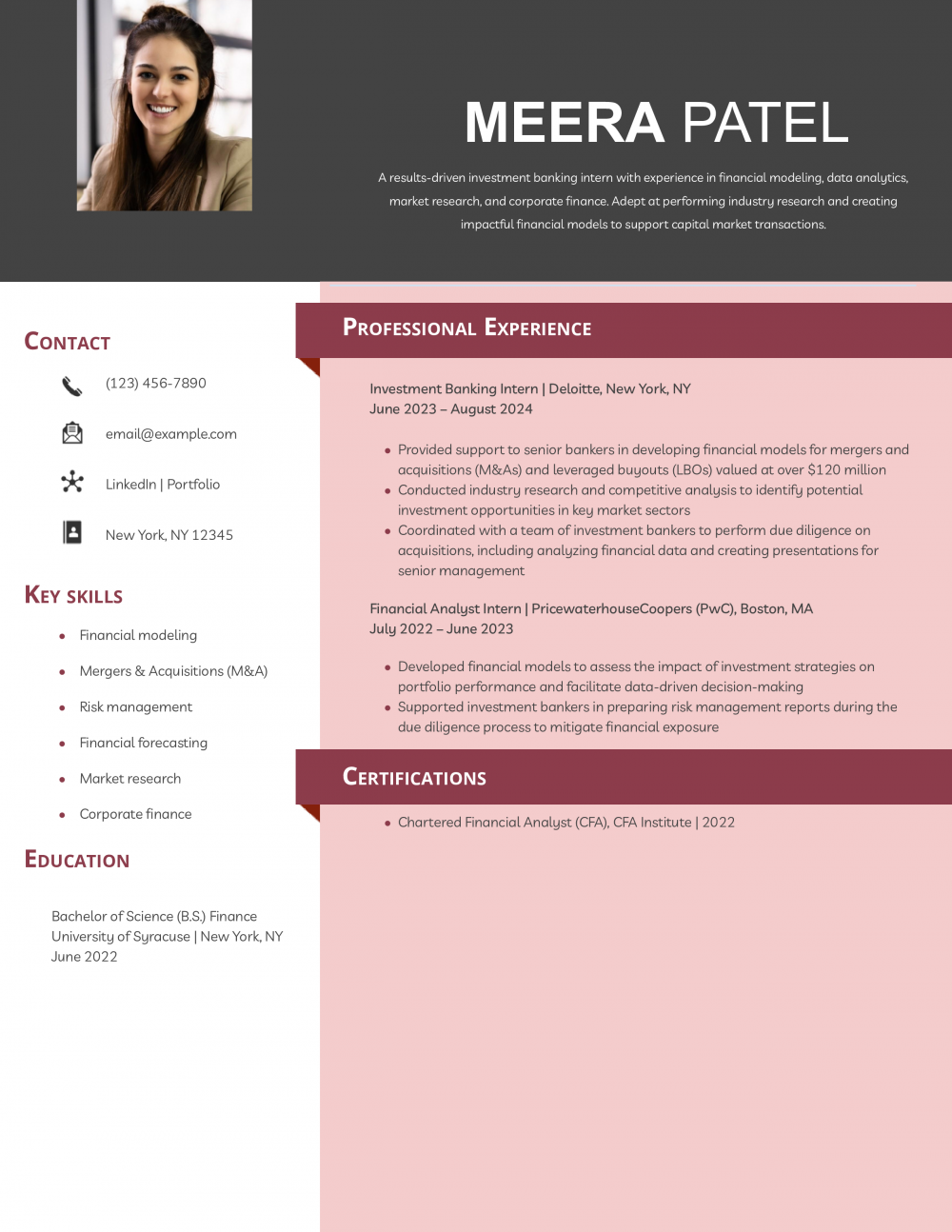 Investment Banking Intern Resume Example