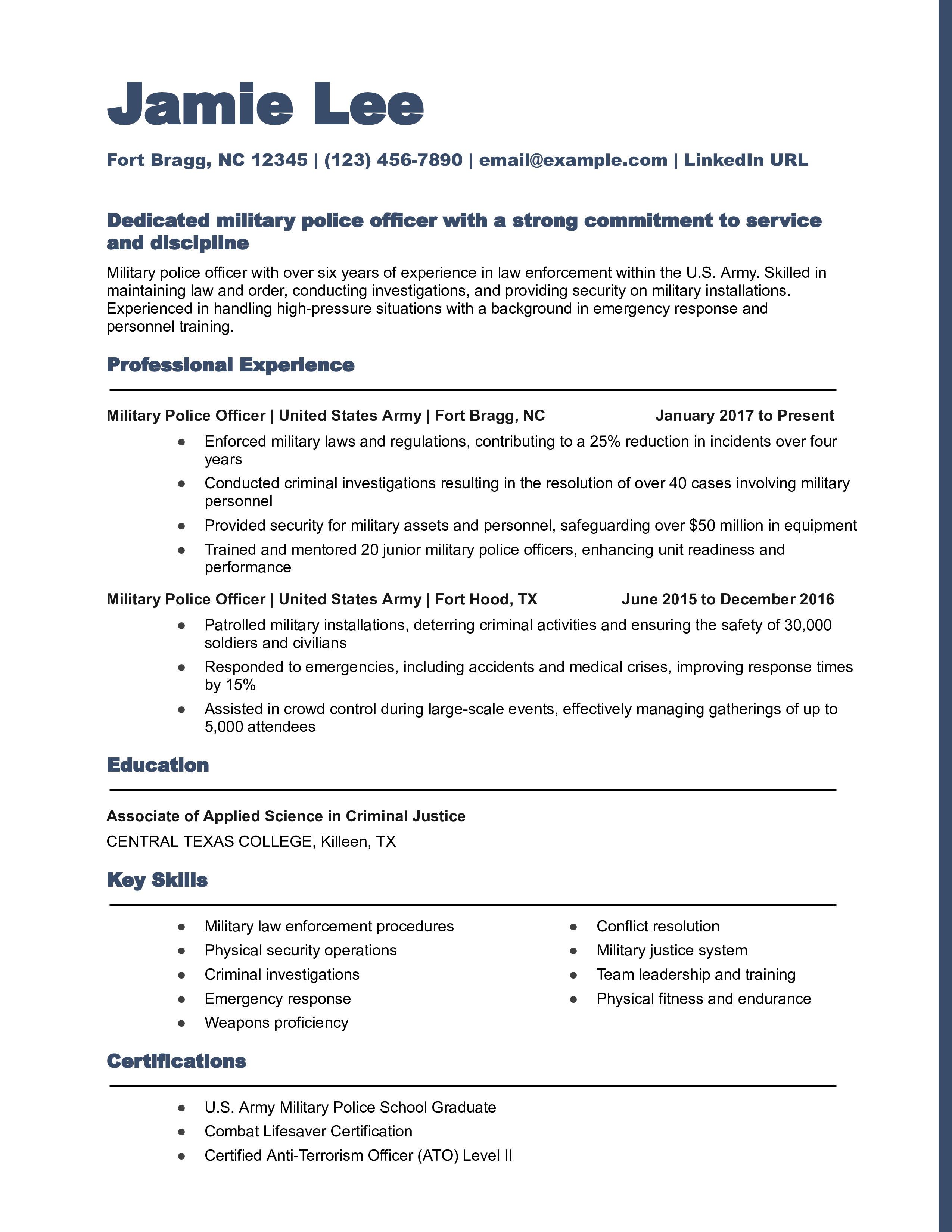 Military Police Officer Resume Example