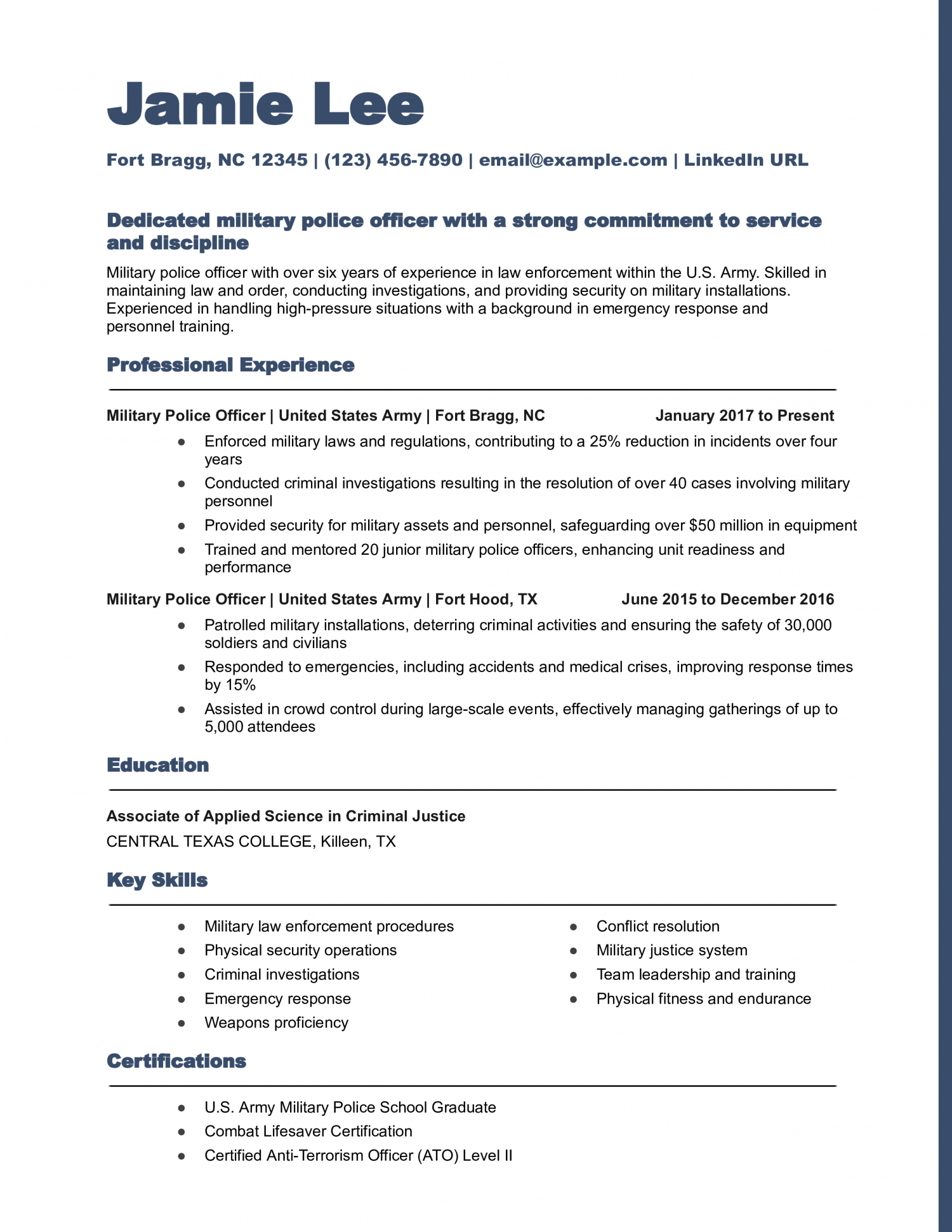 Military Police Officer Resume Example