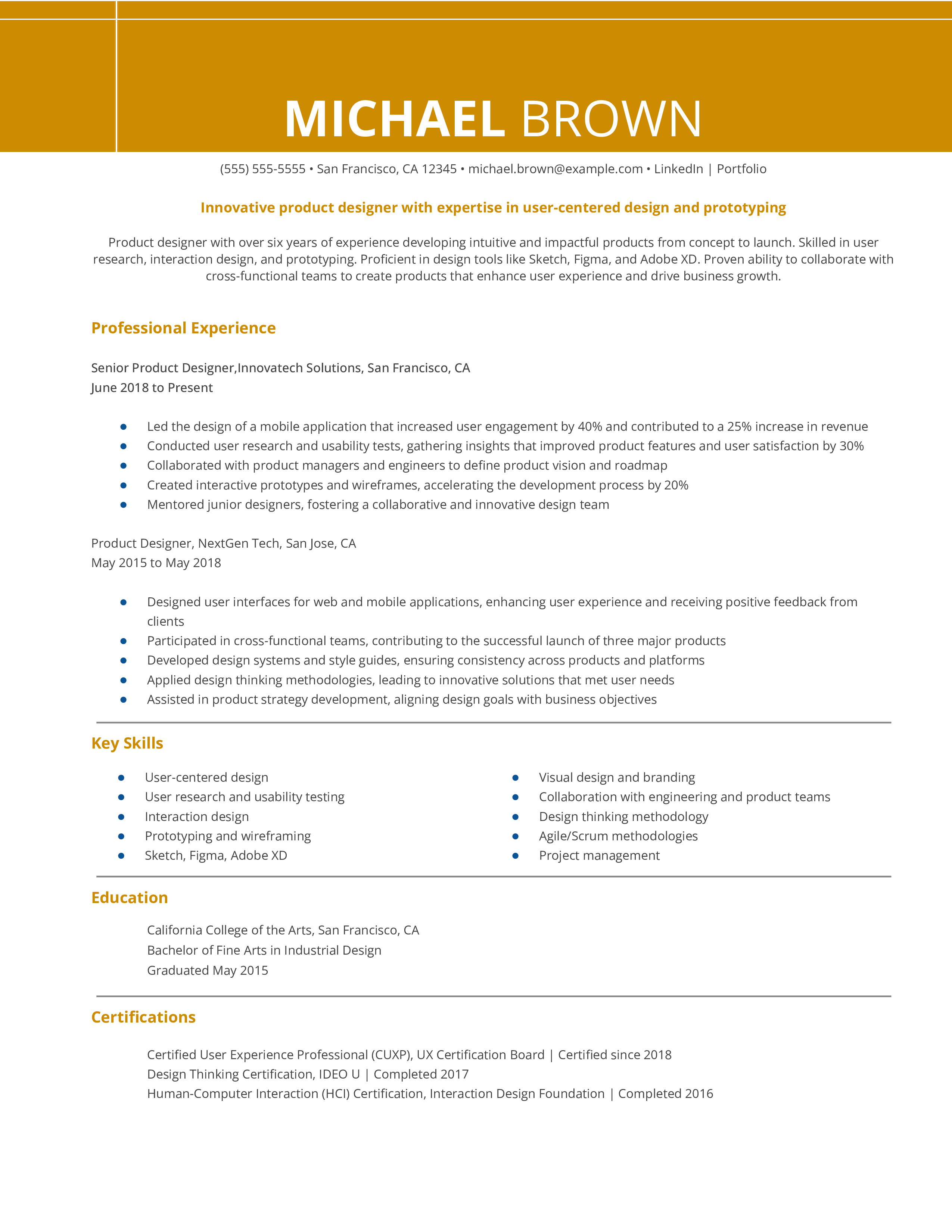Product Designer Resume Example