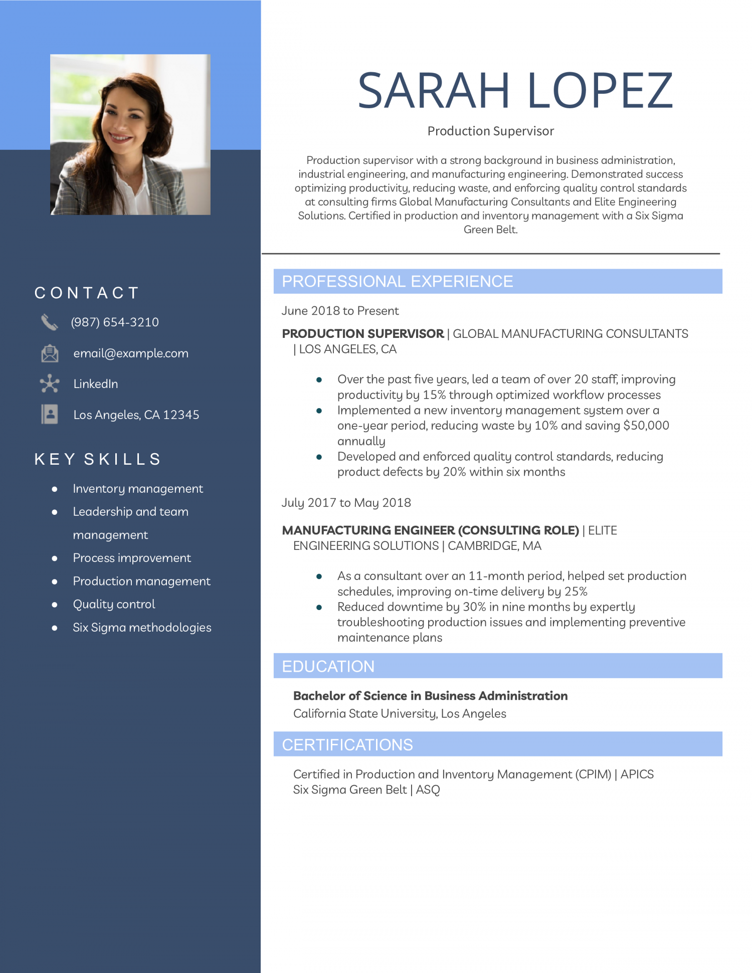 Production Supervisor Resume Example