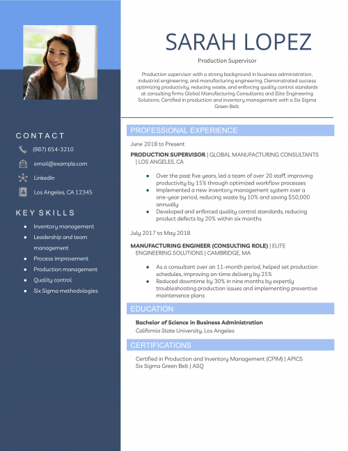 Production Supervisor Resume Example