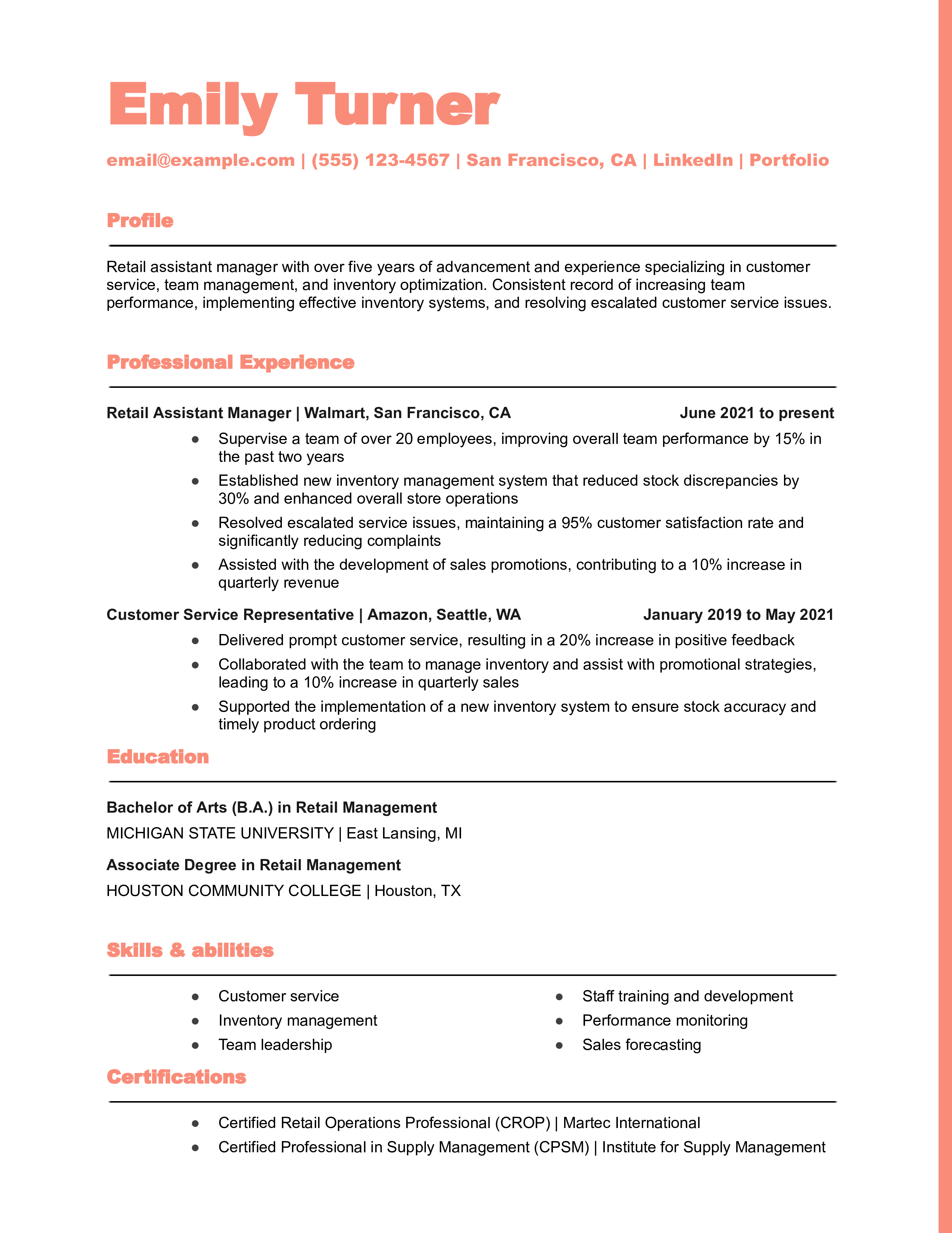 Retail Assistant Manager Resume Example