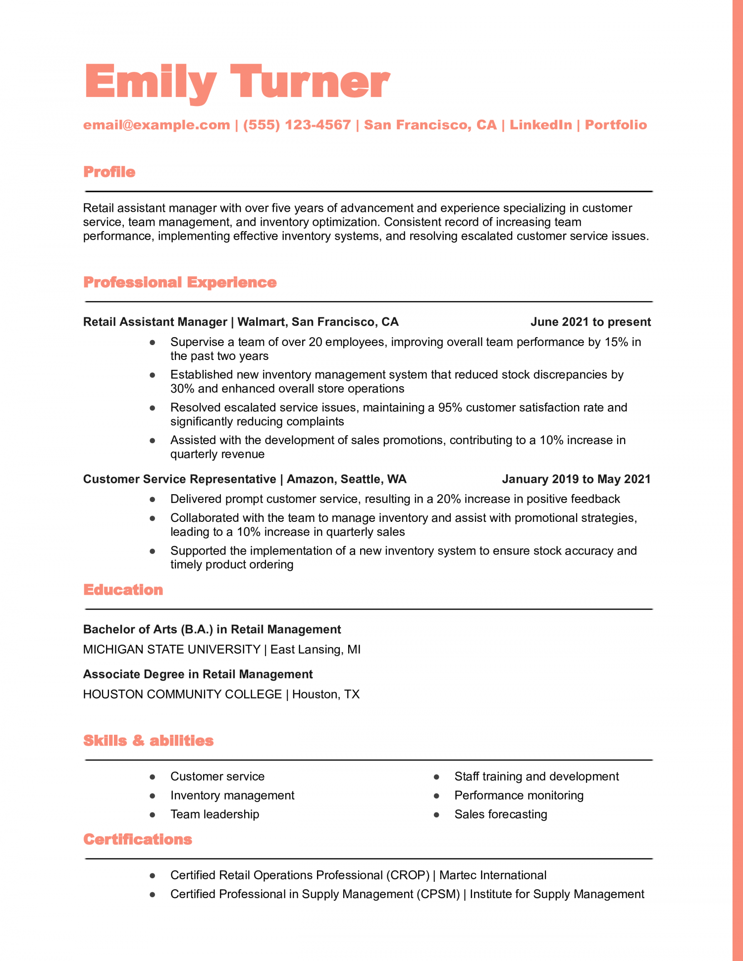 Retail Assistant Manager Resume Example