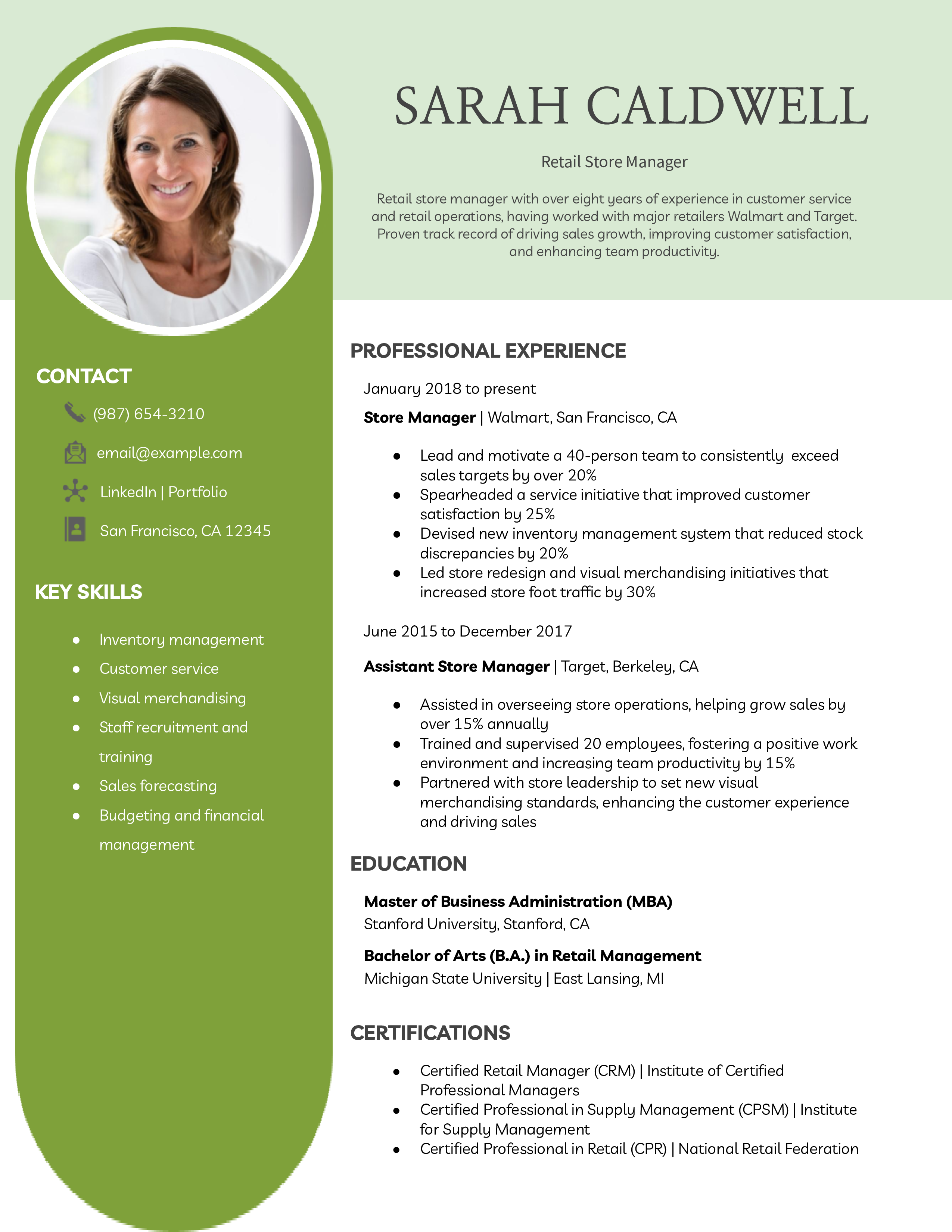 Retail Store Manager Resume Example